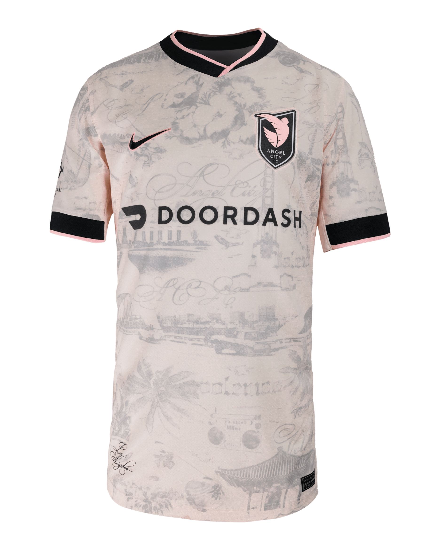 Jersey Nike Dri-FIT de la NWSL Replica para niños talla grande Angel City FC visitante 2025 Stadium Alyssa Thompson - Rosa suave claro/Gris atmósfera