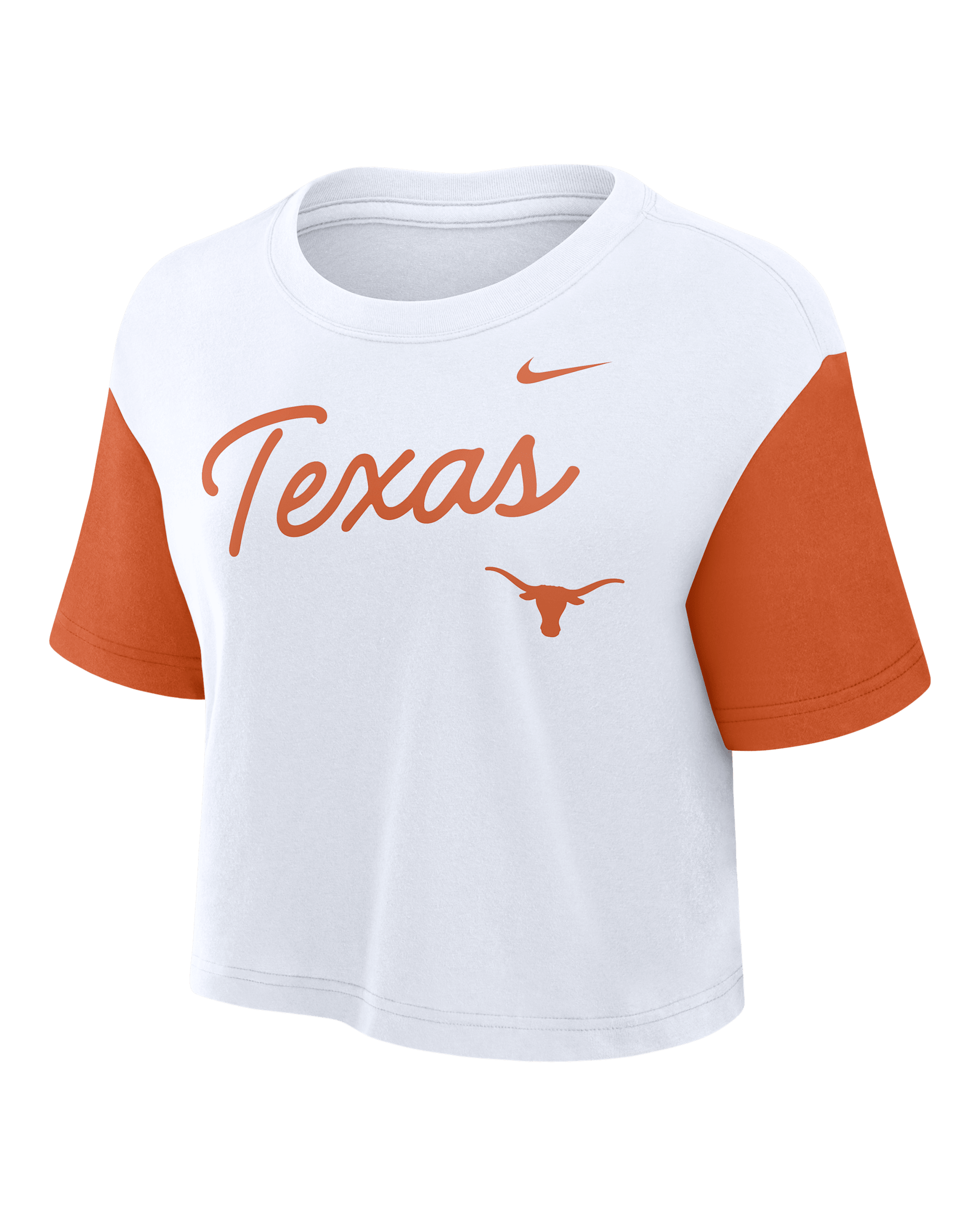 Playera universitaria Nike Dri-FIT cropped para mujer Texas Script - Blanco
