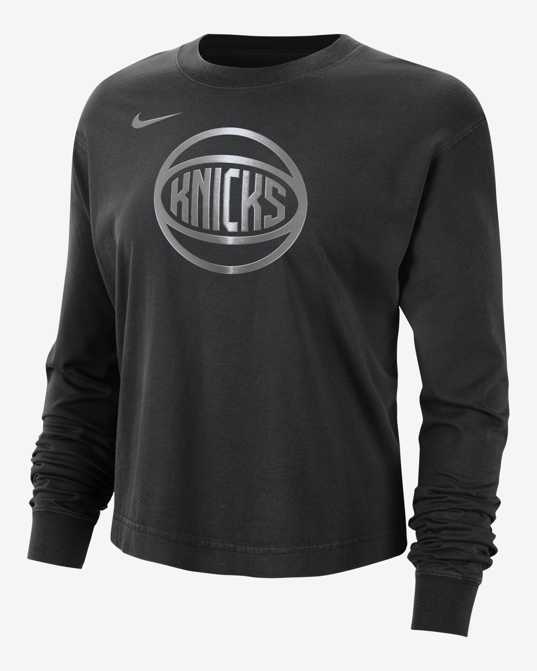 Playera de manga larga Nike de la NBA con brillo de corte cuadrado para mujer New York Knicks Courtside - Negro