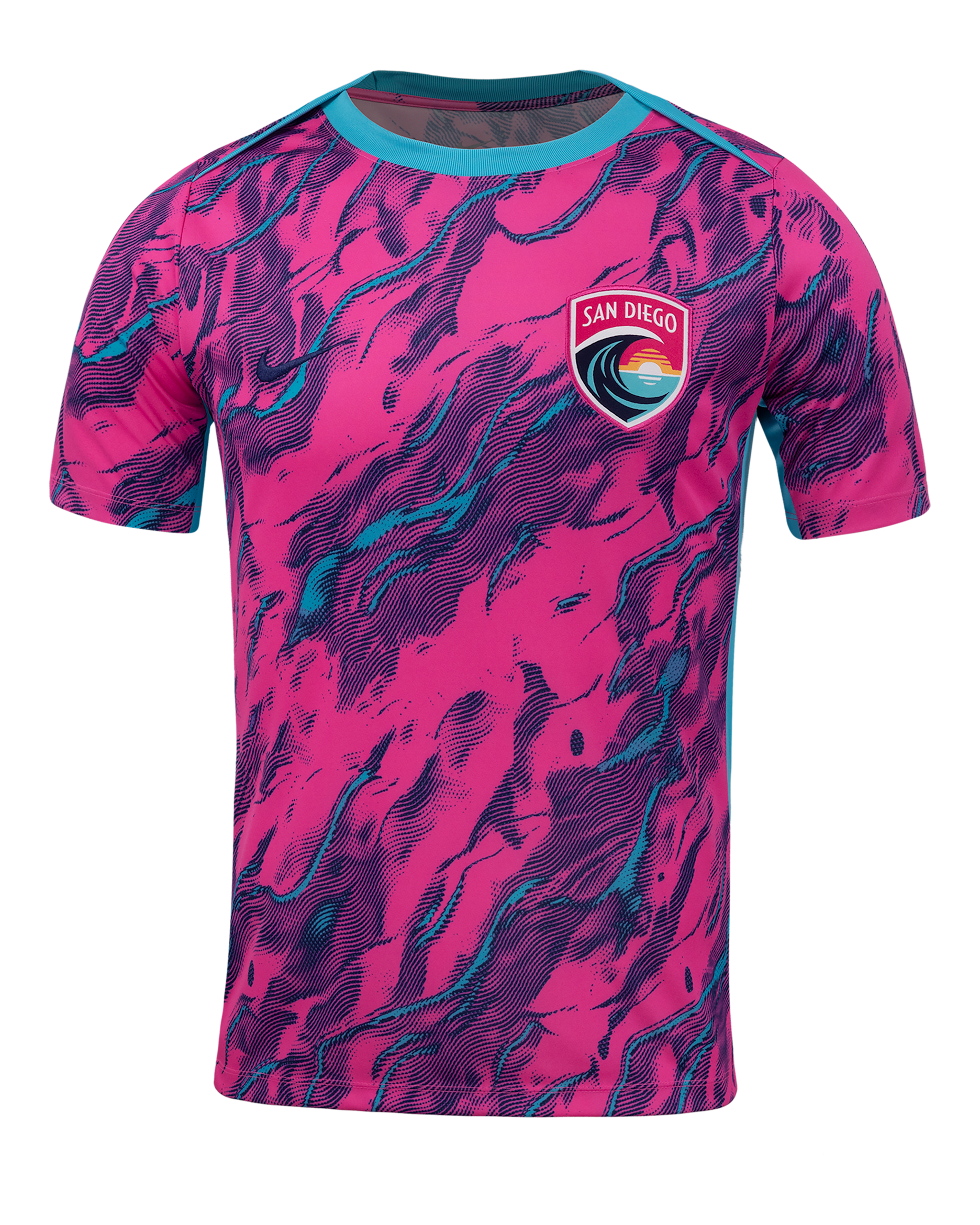 San Diego Wave FC 2025 Men's Nike NWSL Short-Sleeve Pre-Match Top - Chlorine Blue/Laser Pink