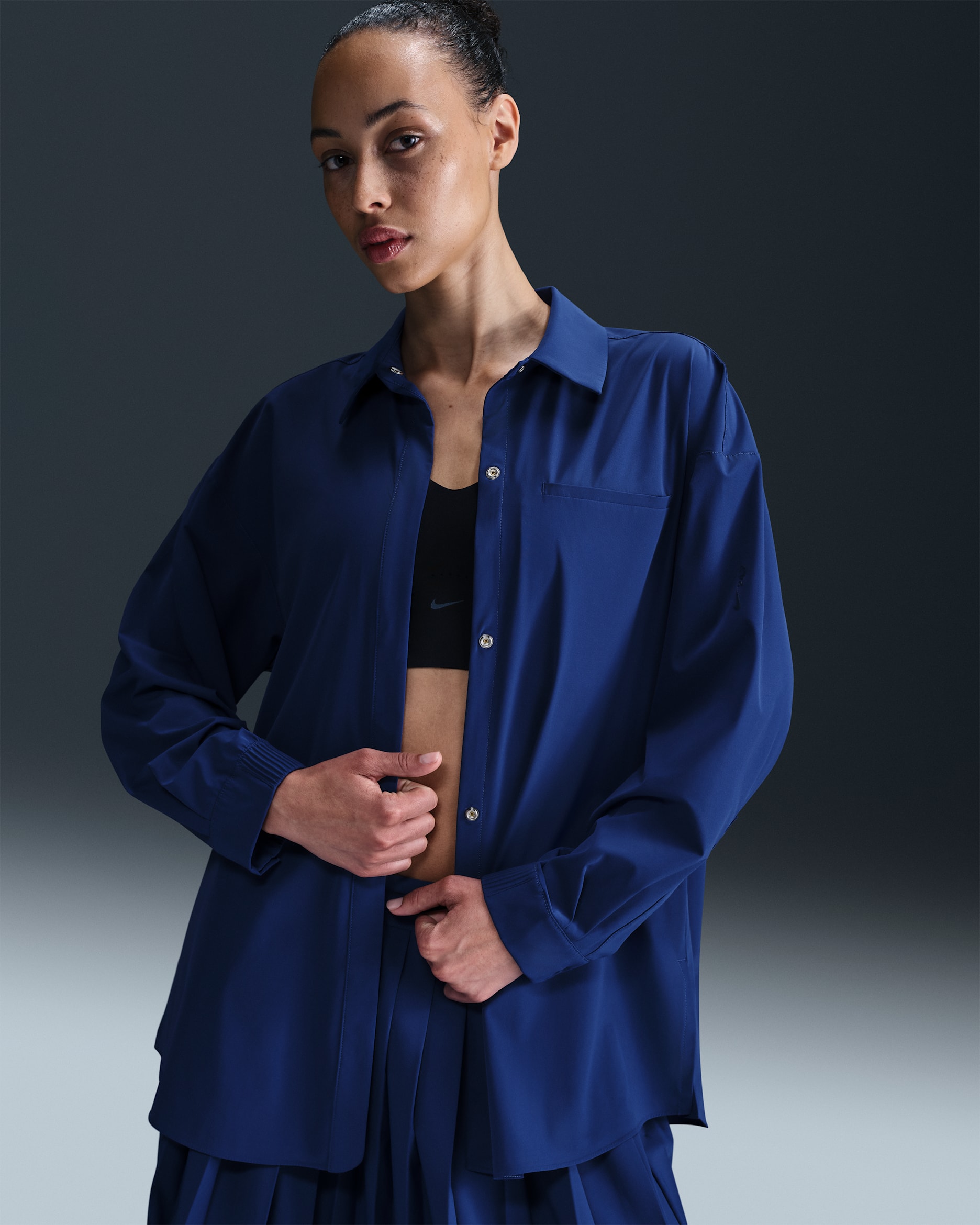 나이키 24.7 퍼펙트스트레치 여성 드라이 핏 오버사이즈 긴팔 탑 - 딥 로얄 블루/블루 보이드