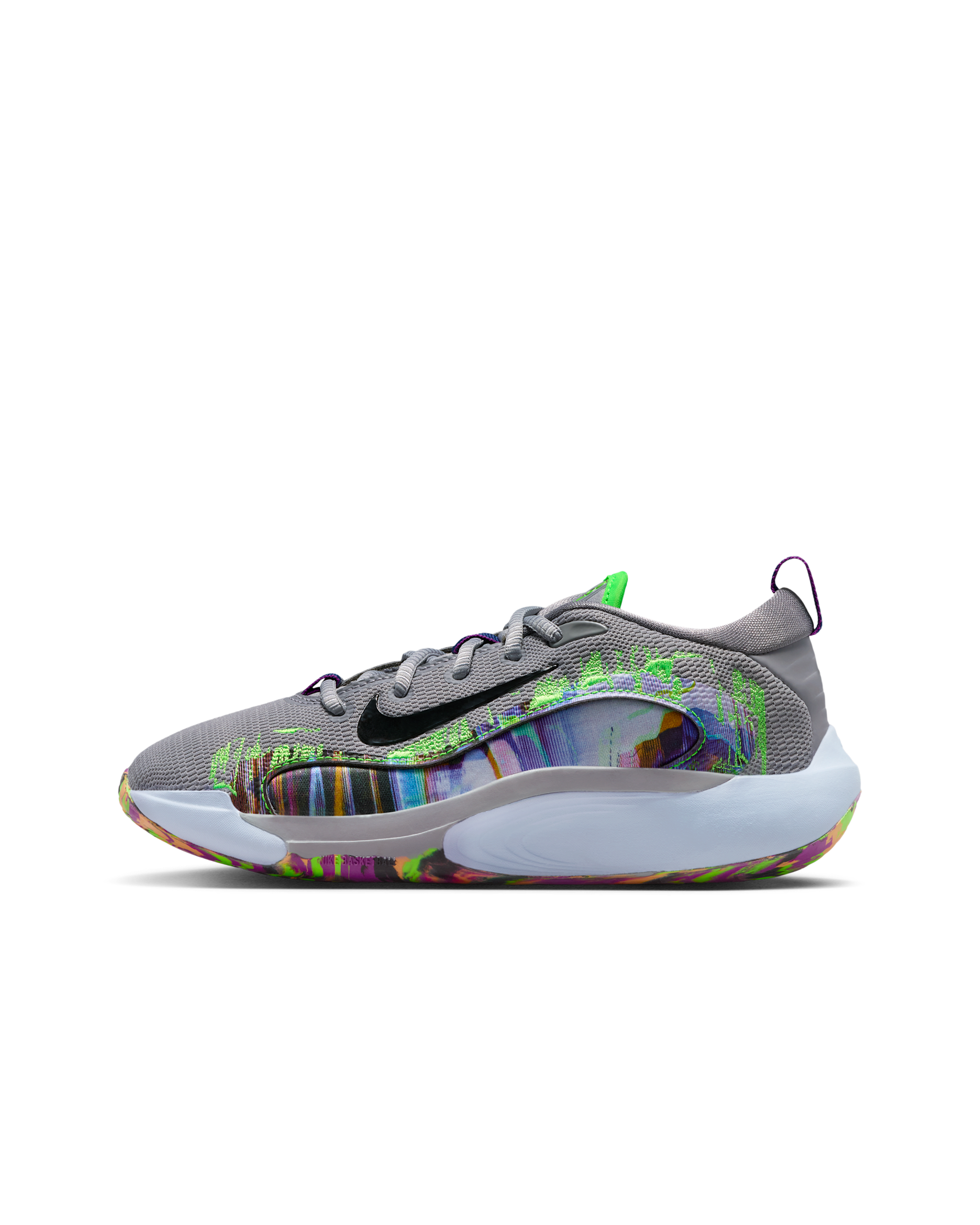 รองเท้าบาสเก็ตบอลเด็กโต Nike IsoFly - Cement Grey/ดำ/Vivid Purple/Green Strike