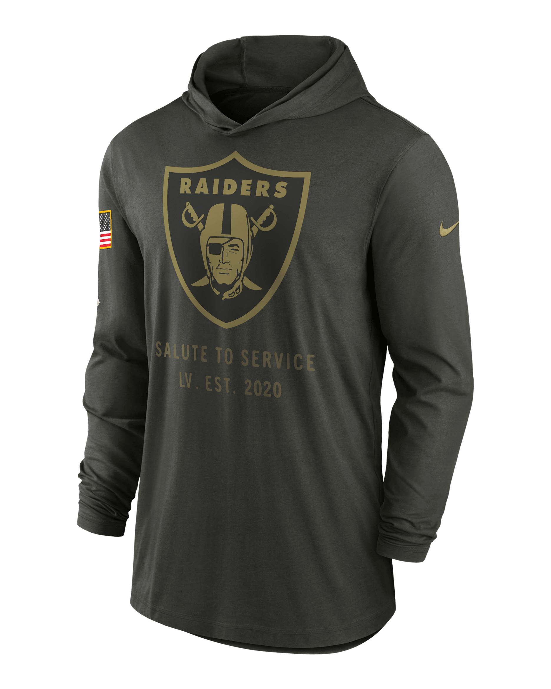 Playera de manga larga Nike Dri-FIT de la NFL con gorro para hombre Las Vegas Raiders Salute to Service Sideline - Secuoya