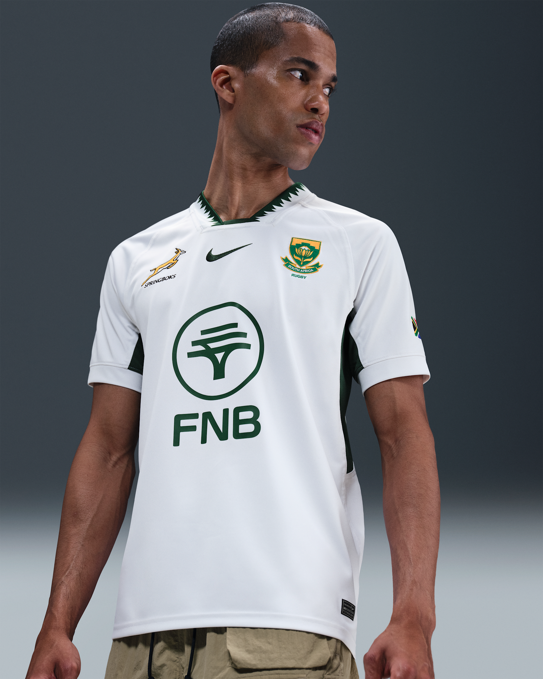 Springboks 2025/26 Stadium Away Nike Rugby idegenbeli replika férfimez - Fehér/Gorge Green
