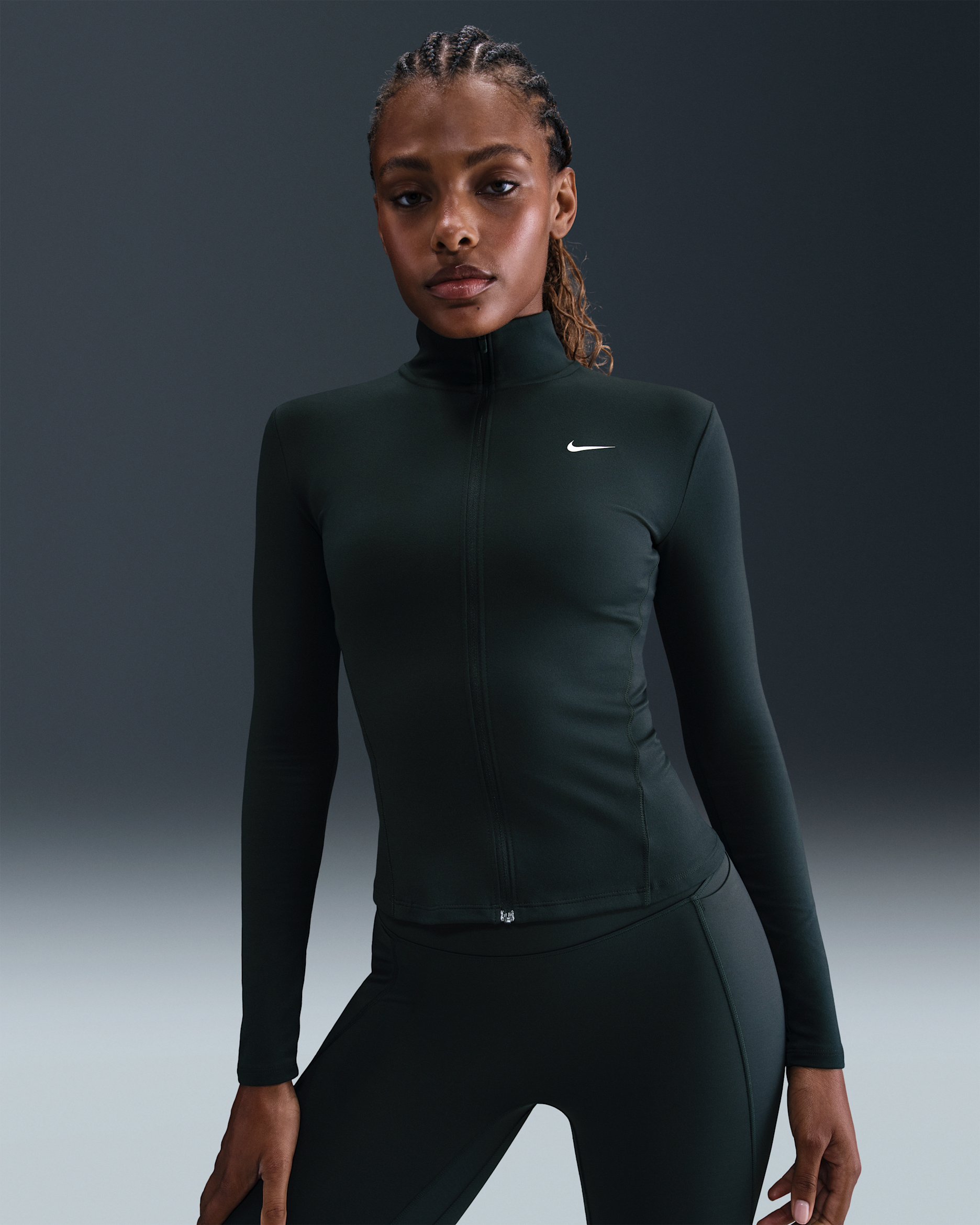 Nike One Fitted Dri-FIT hosszú cipzáras női kabát - Seaweed/Fehér