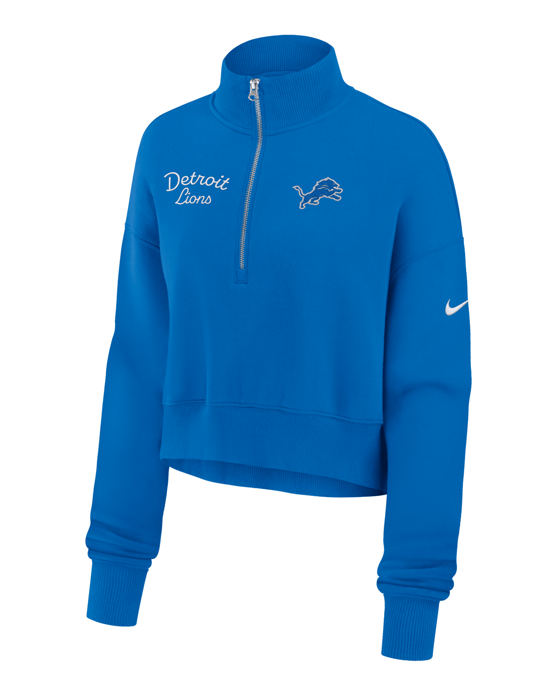 Sudadera de cuello redondo Nike de la NFL cropped con cierre de 1/4 para mujer Detroit Lions Phoenix - Azul