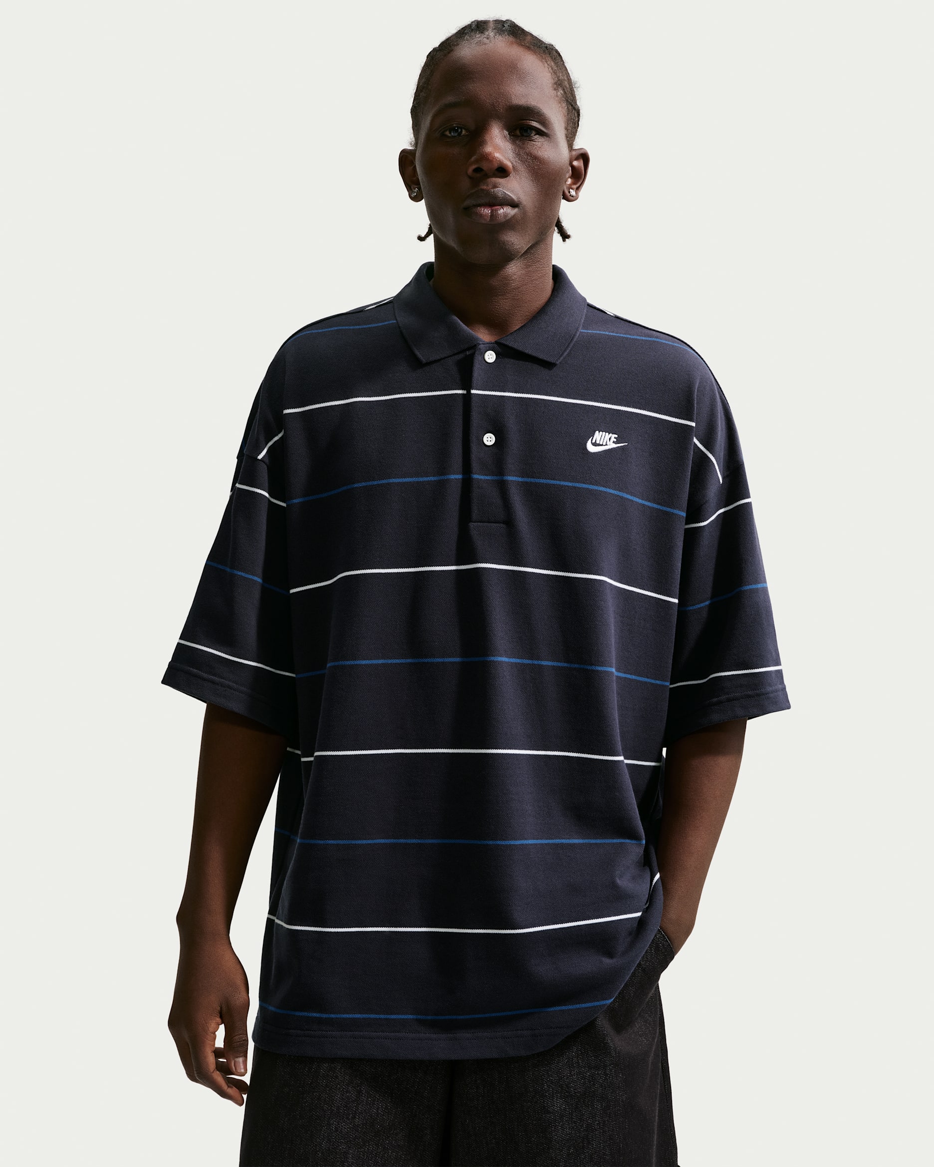 Nike Sportswear Club Men's Oversized Striped Polo - Obsidian/White