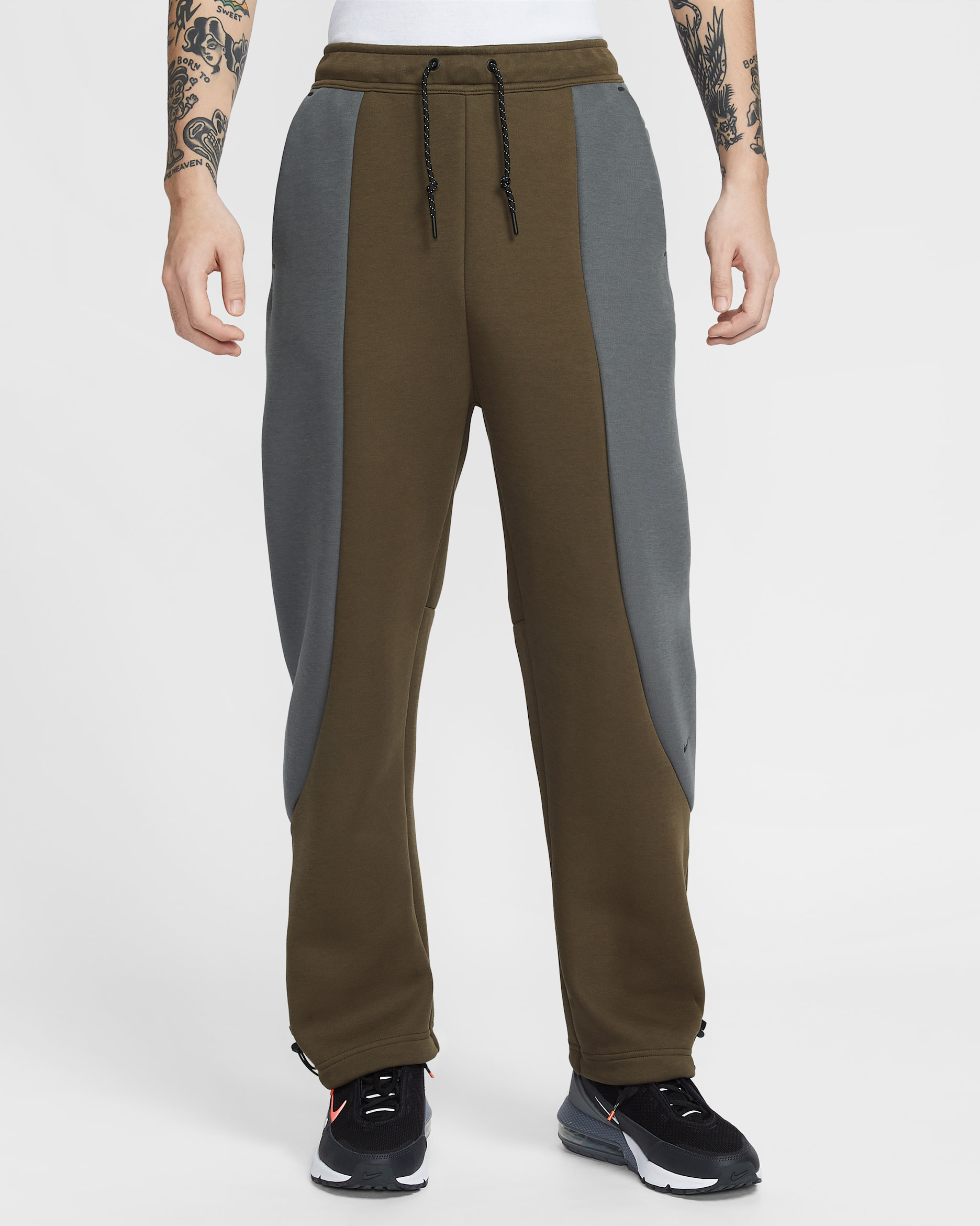 나이키 테크 남성 컬러 블록 오픈 헴 플리스 팬츠 - 다크 헤이즐/아이언 그레이/블랙