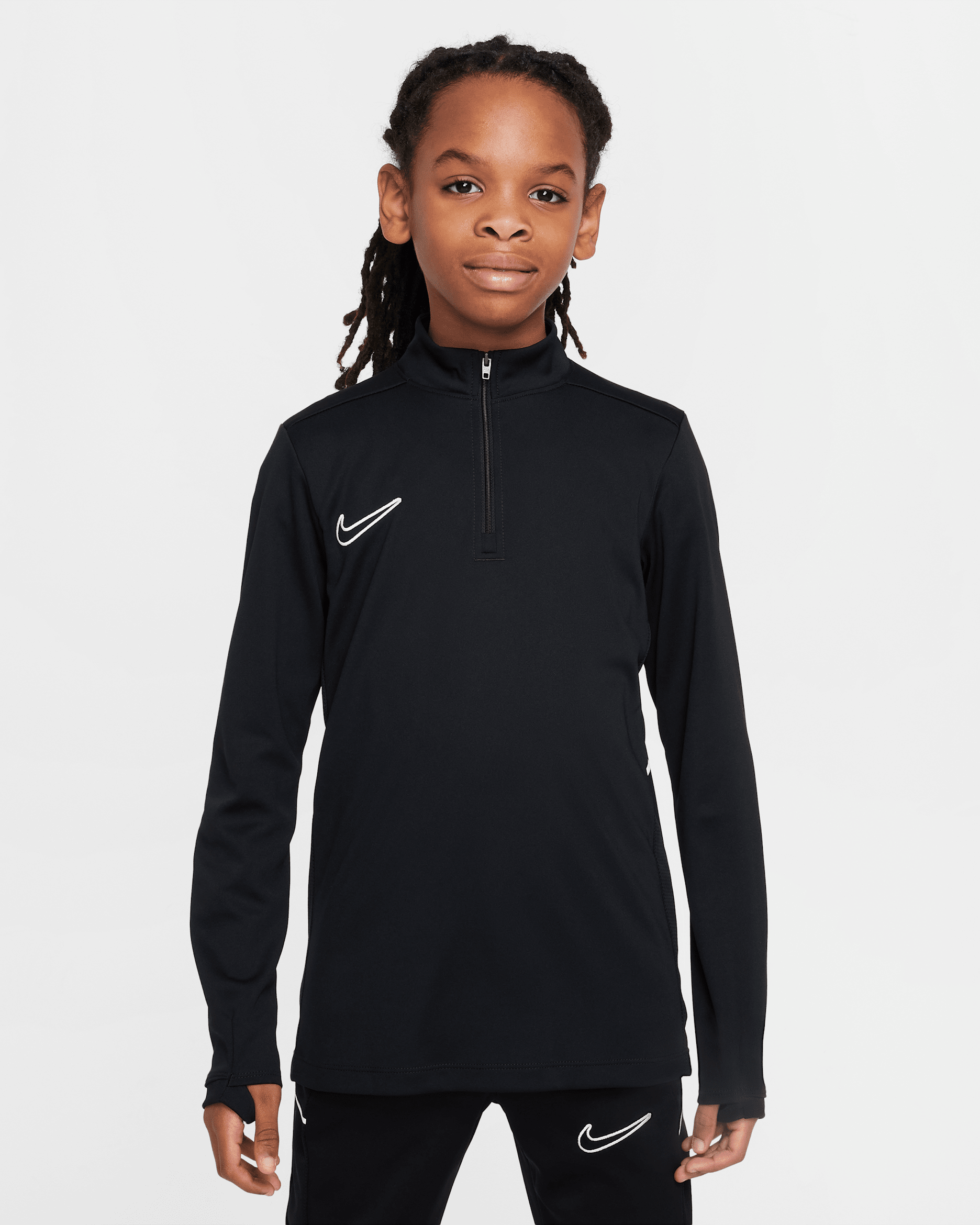 Playera de entrenamiento de fútbol de manga larga Dri-FIT de cierre 1/4 para niños talla grande Nike Academy - Negro/Negro/Blanco
