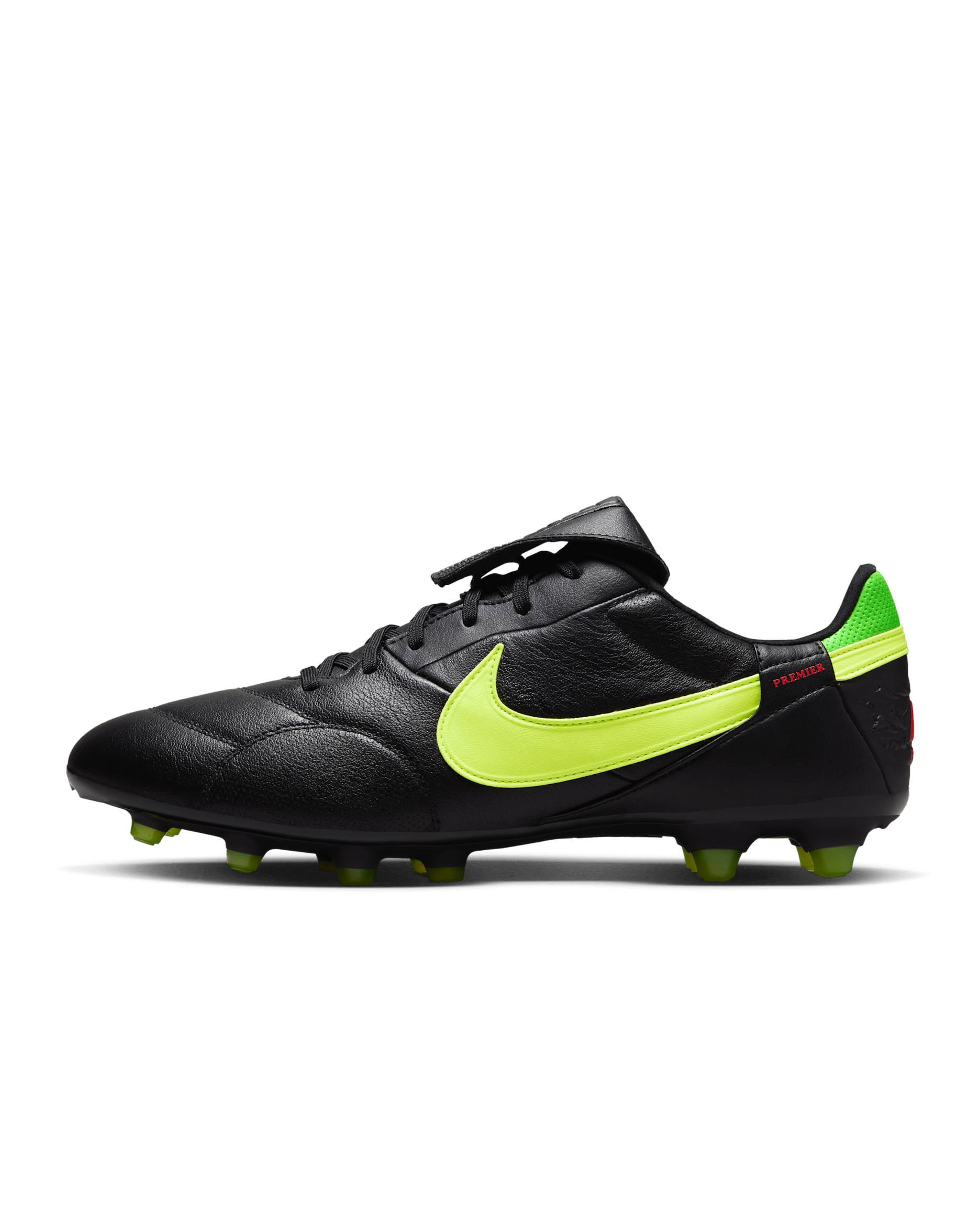 Tacos de fútbol para terreno firme de corte low Nike Premier 3 - Negro/Verde strike/Carmesí brillante/Volt