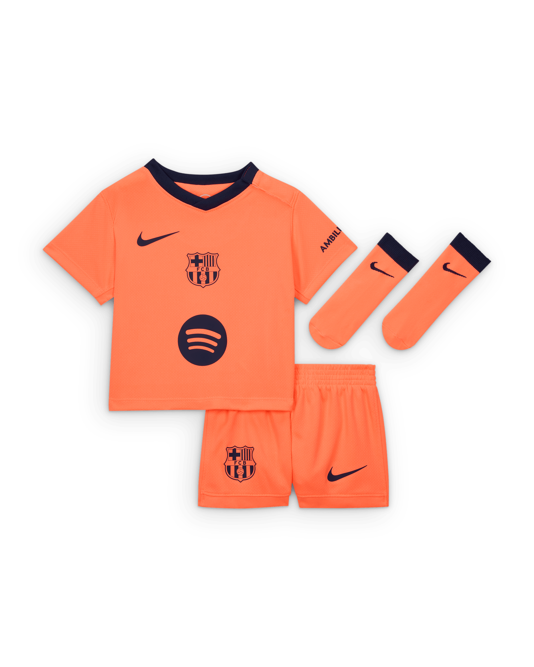 Divisa da calcio replica in 3 pezzi Nike Total 90 FC Barcelona 2025/26 Stadium per bebè e bimbo/a – Terza - Bright Mango/Midnight Navy/Midnight Navy
