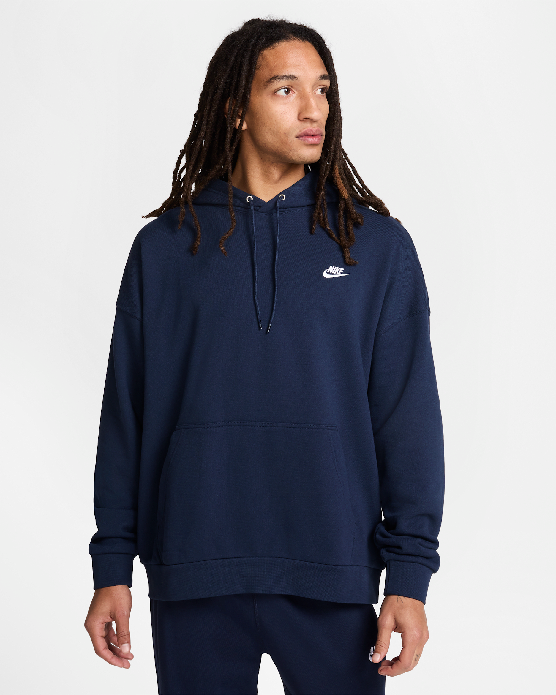 Męska bluza z kapturem z dzianiny dresowej o kroju oversize Nike Club Fleece - Obsidian/Obsidian/Biel