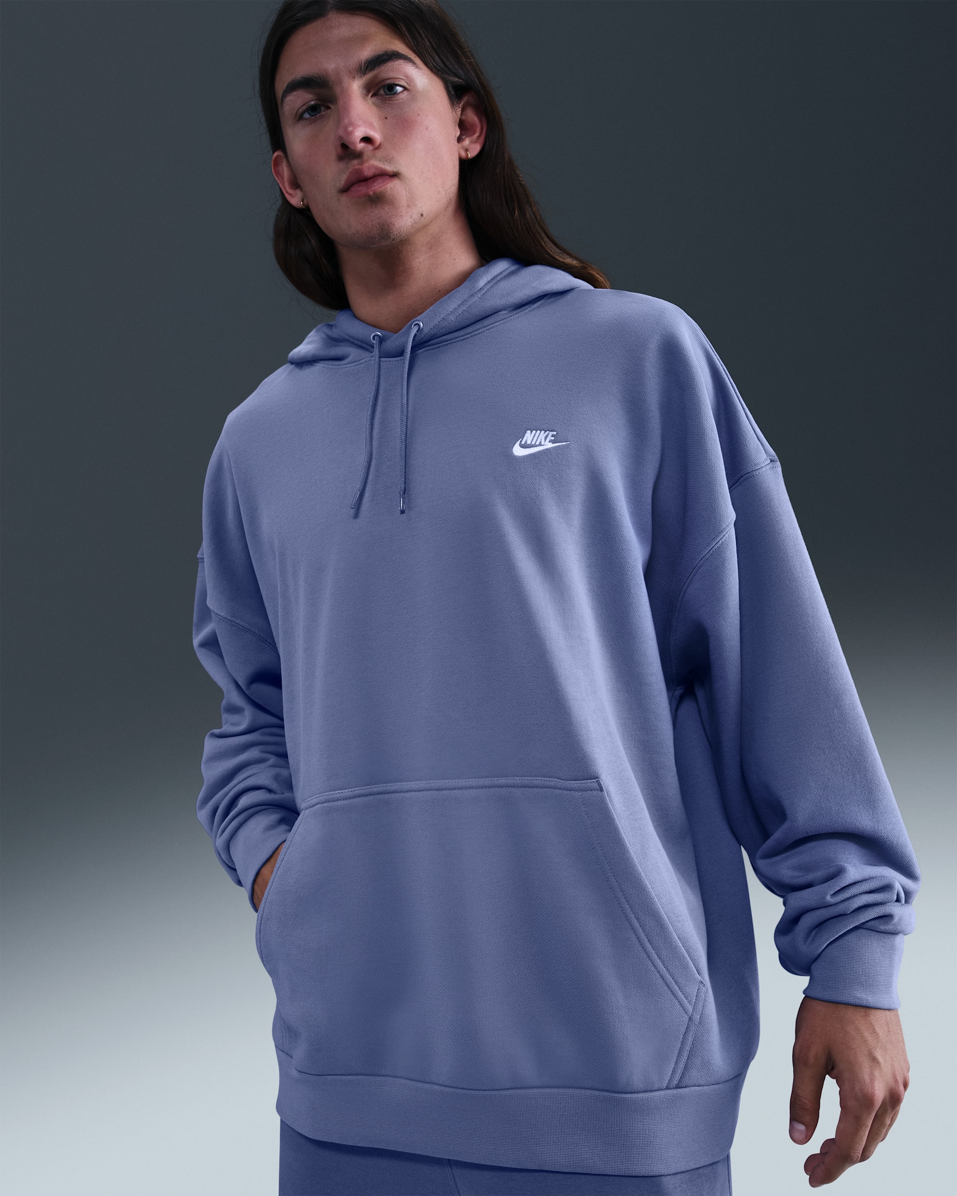 Sudadera con gorro sin cierre de French Terry oversized para hombre Nike Club Fleece - Índigo mundial/Índigo mundial/Blanco