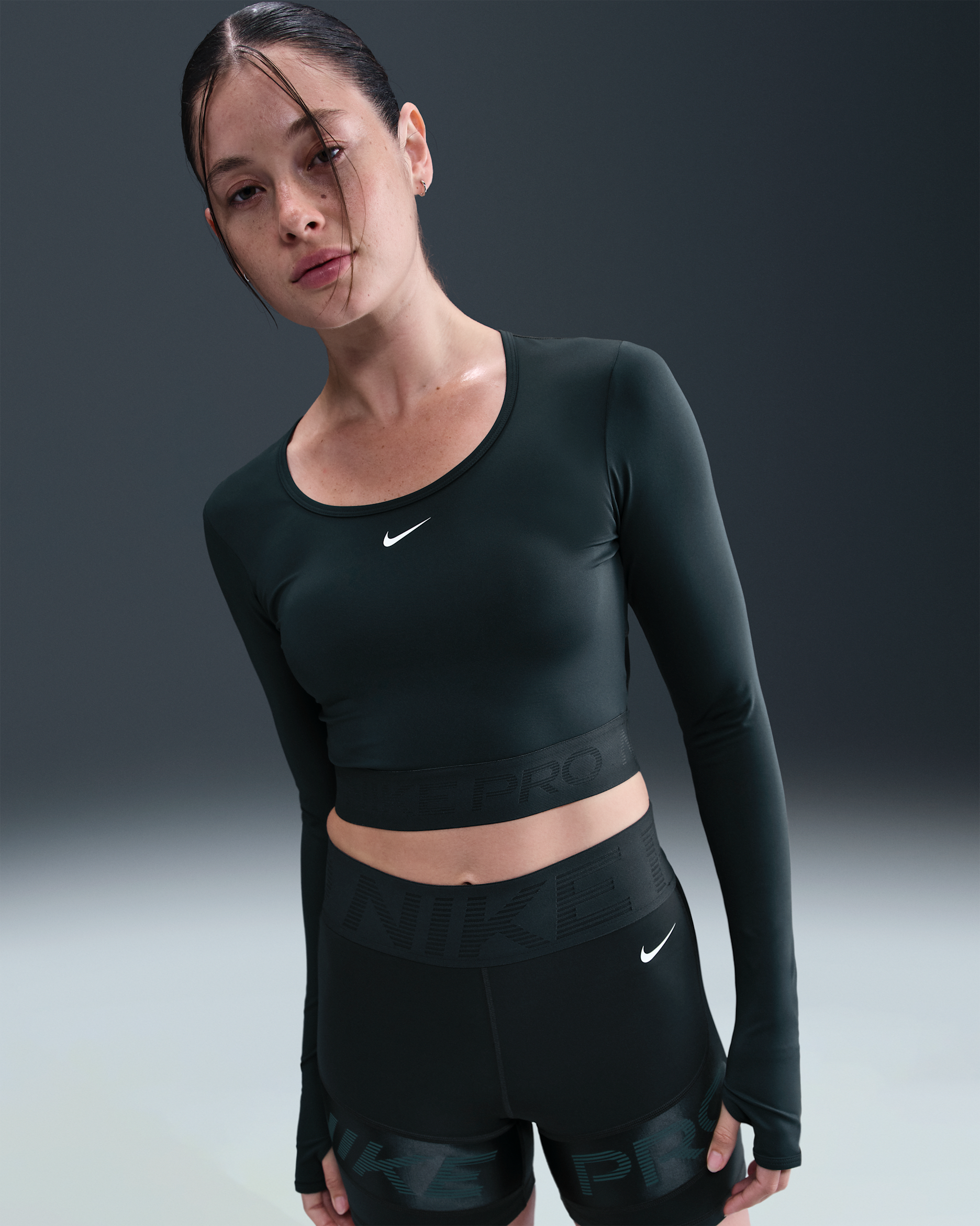 Nike Pro Women's Dri-FIT Cropped Long-Sleeve Top - Seaweed/Vintage Green/White