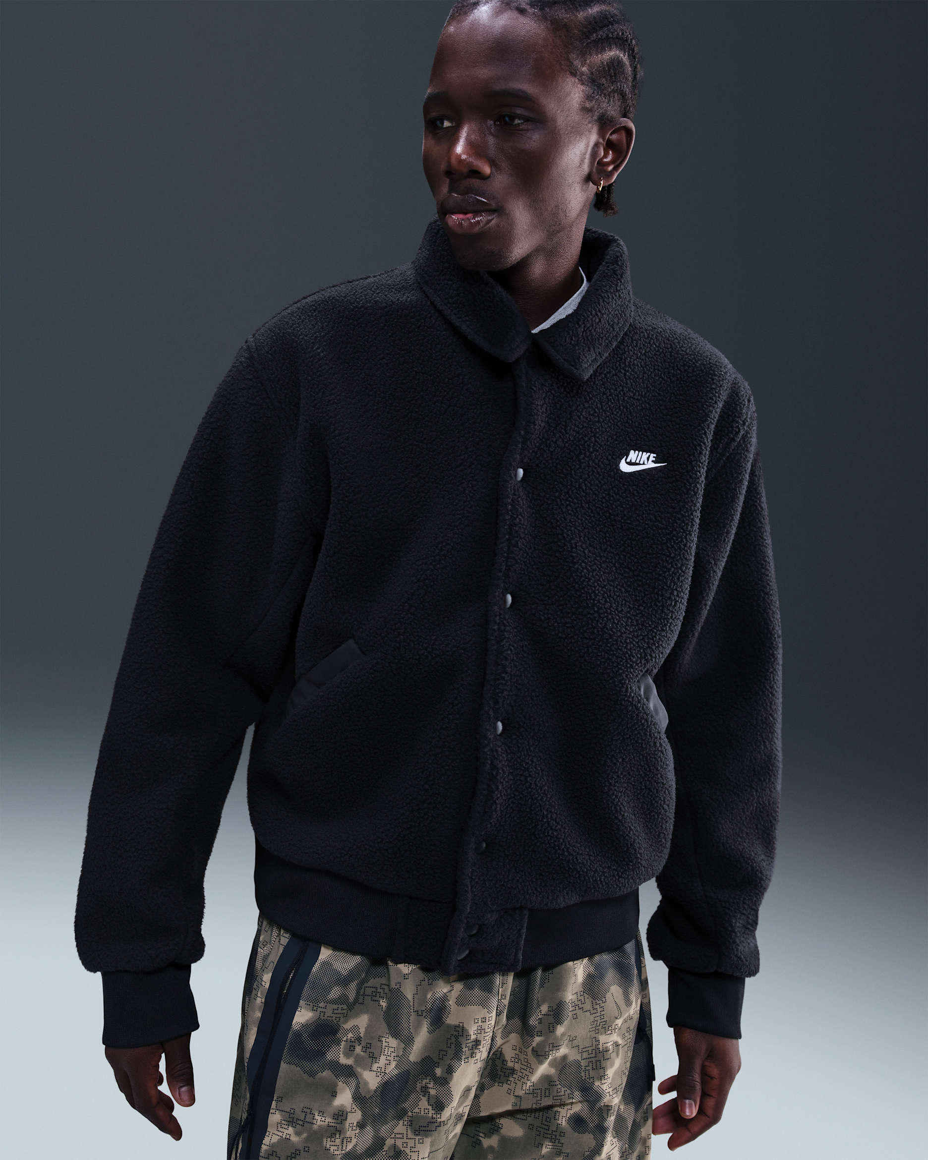 Nike Sportswear Club Men's High-Pile Fleece Coaches Jacket - Black/White