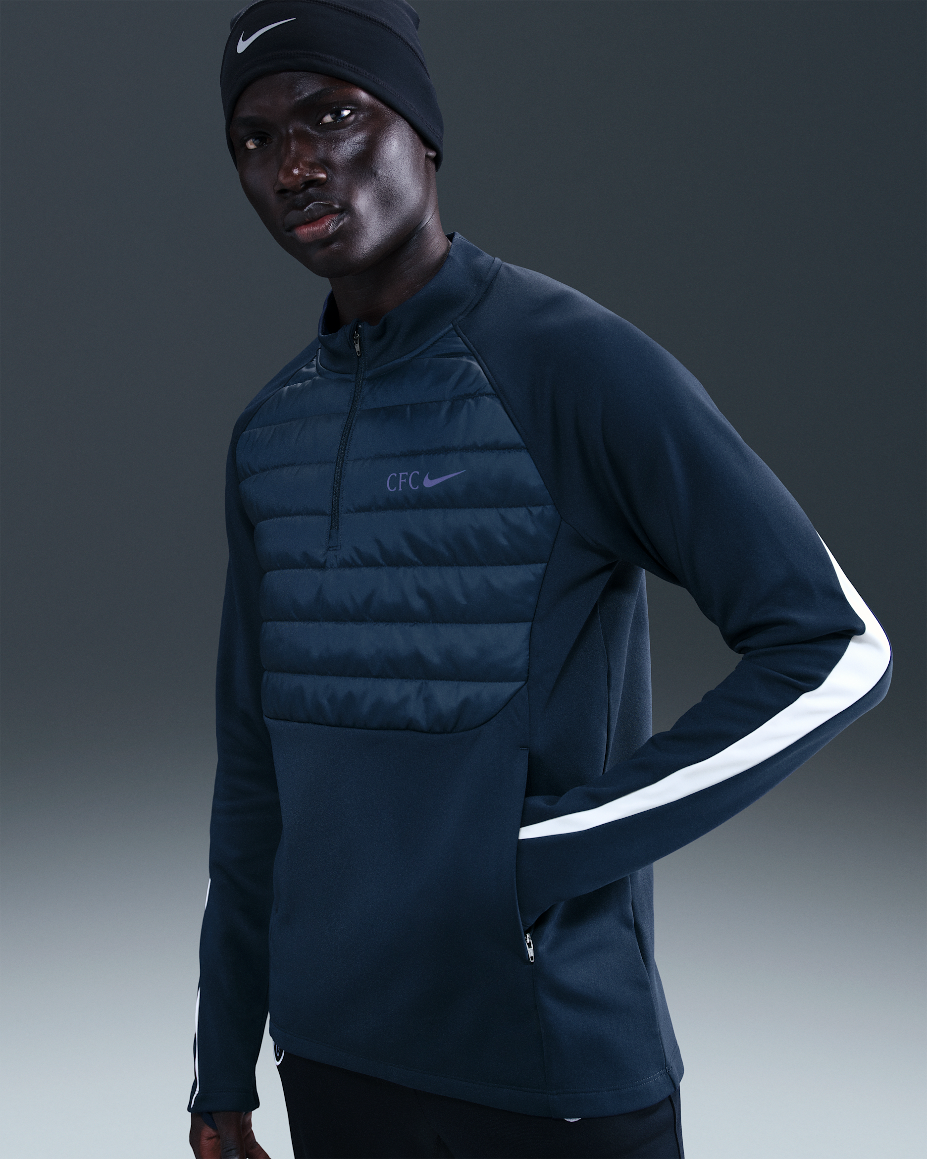 Chelsea FC Academy Winter Warrior Men's Nike Therma-FIT Soccer Drill Top - Obsidian/Phantom/Rush Blue