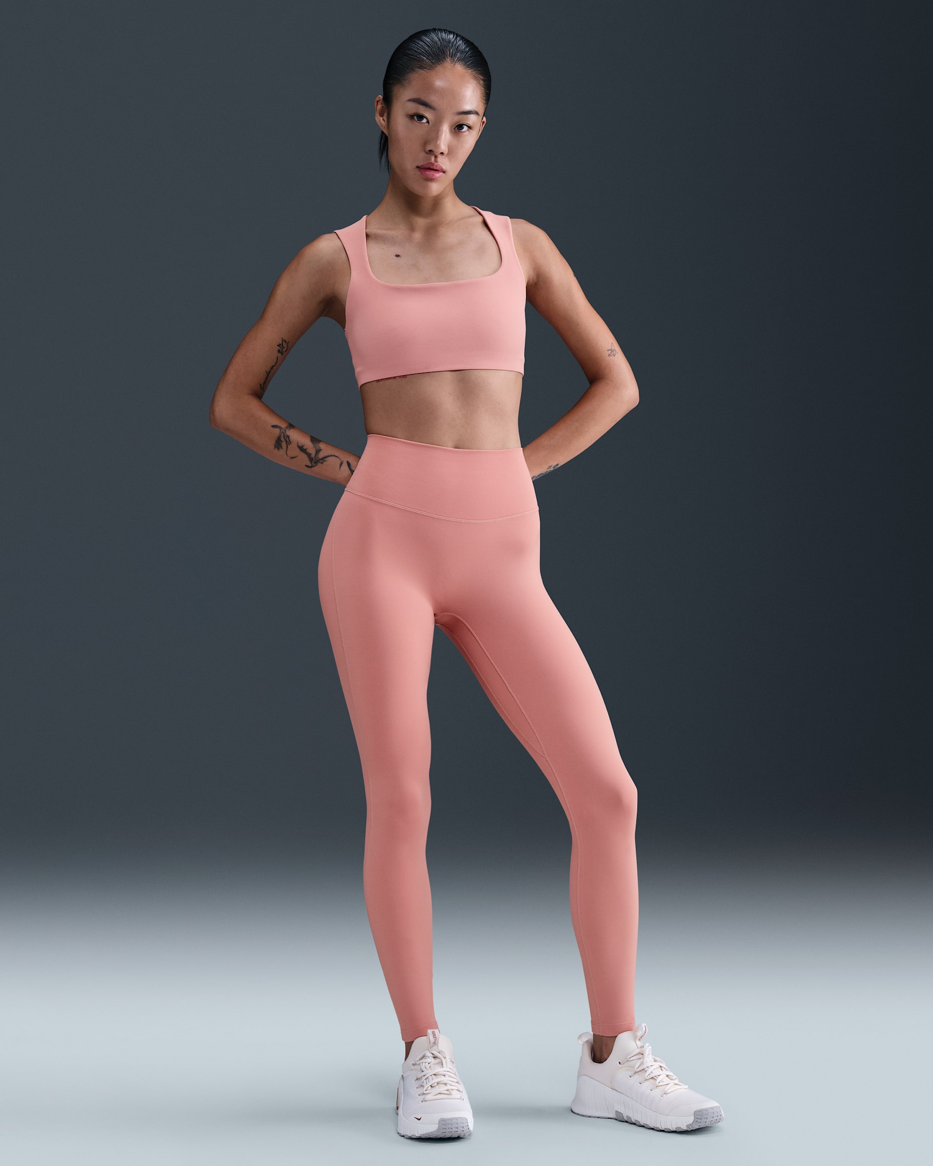 나이키 원 심리스 프론트 여성 하이웨이스트 풀 렝스 레깅스 - 러스트 핑크/화이트