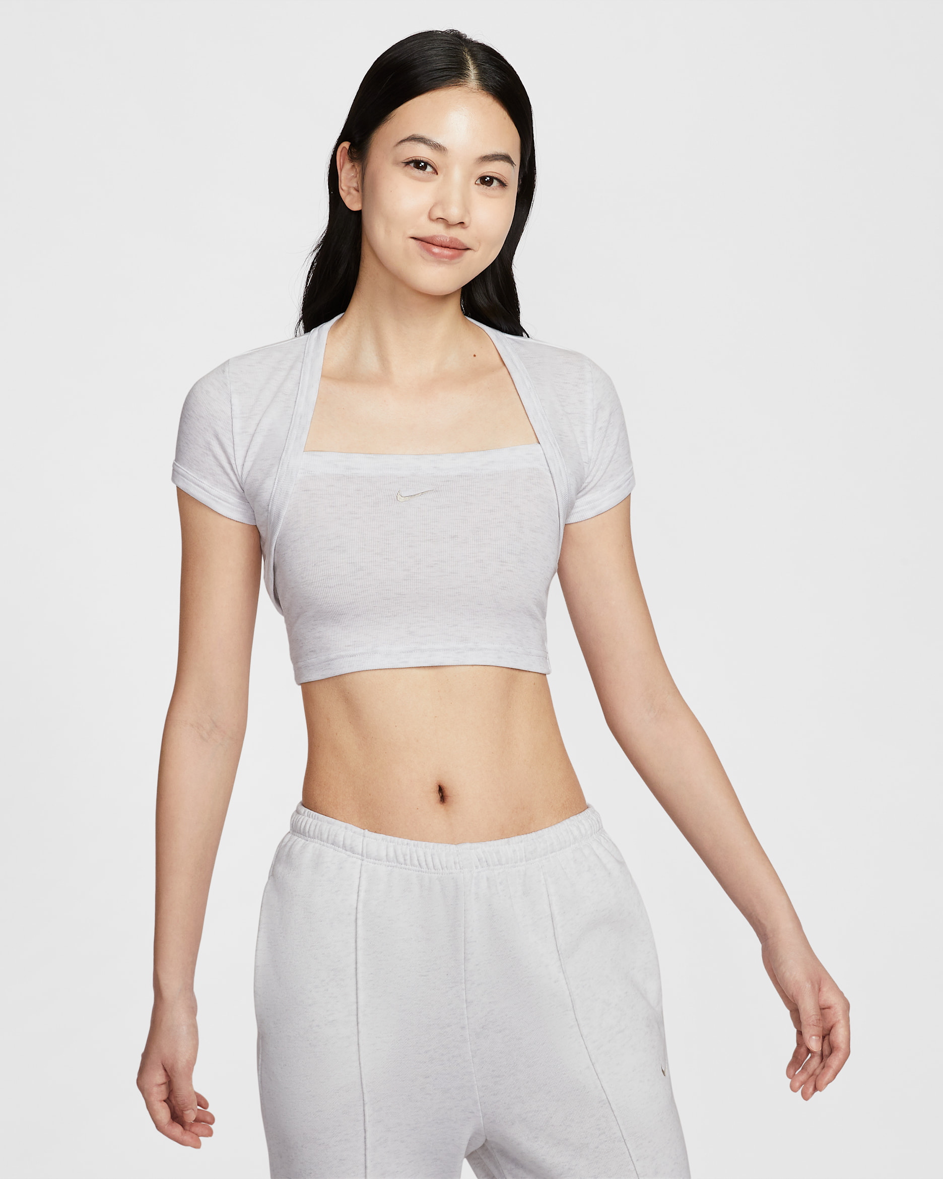 나이키 스포츠웨어 칠 니트 여성 타이트 크롭 미니 골지 투인원 탑 - 버치 헤더/라이트 오어우드 브라운