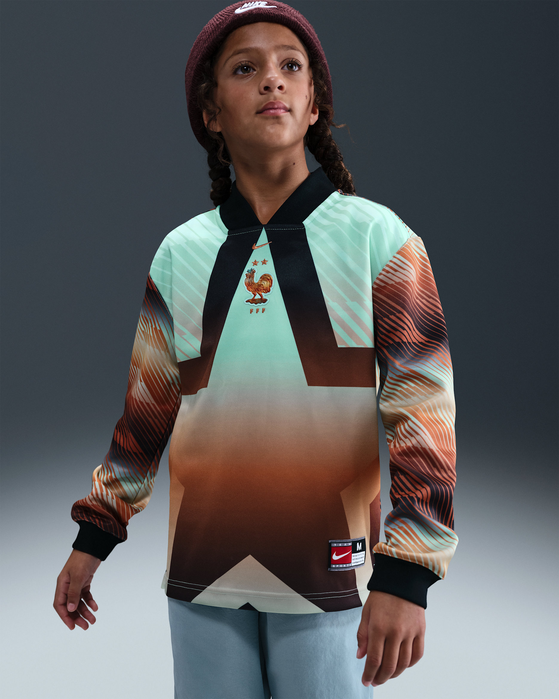 FFF målvakt Nike Dri-FIT fotbollströja för stora barn - Svart/Monarch/Metallic Copper