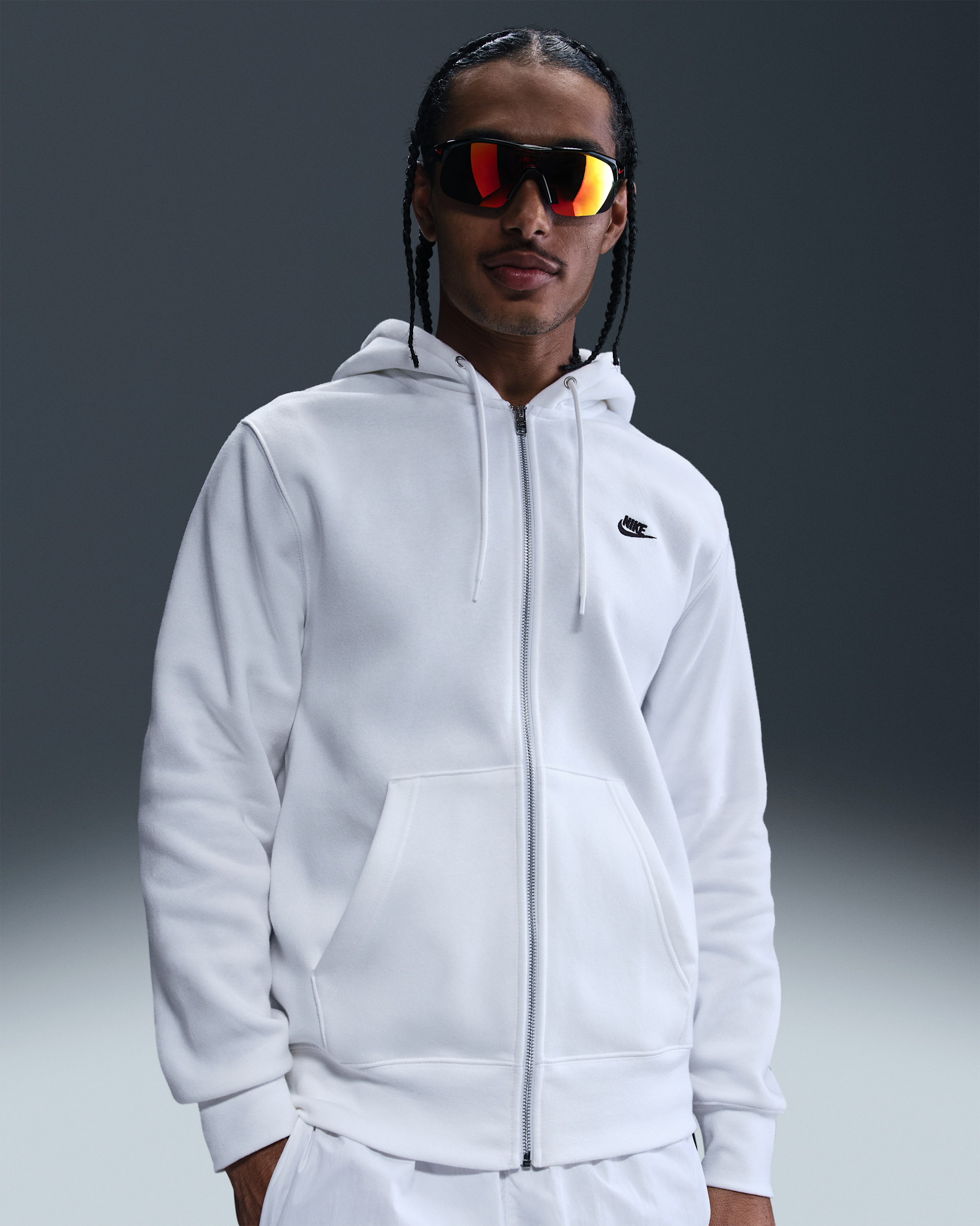 Nike Club Tam Boy Fermuarlı Fleece Erkek Kapüşonlu Üstü - Beyaz/Beyaz/Siyah