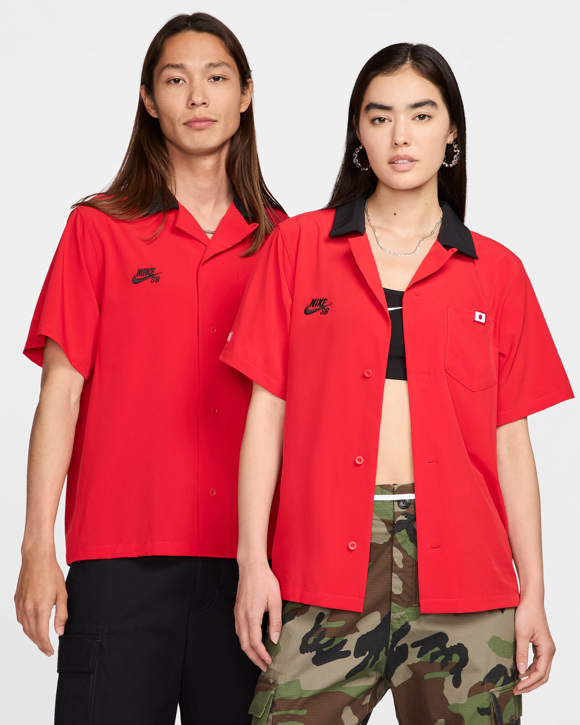 Nike SB Japan Short-Sleeve Button-Up Skate Bowling Shirt - University Red/Black