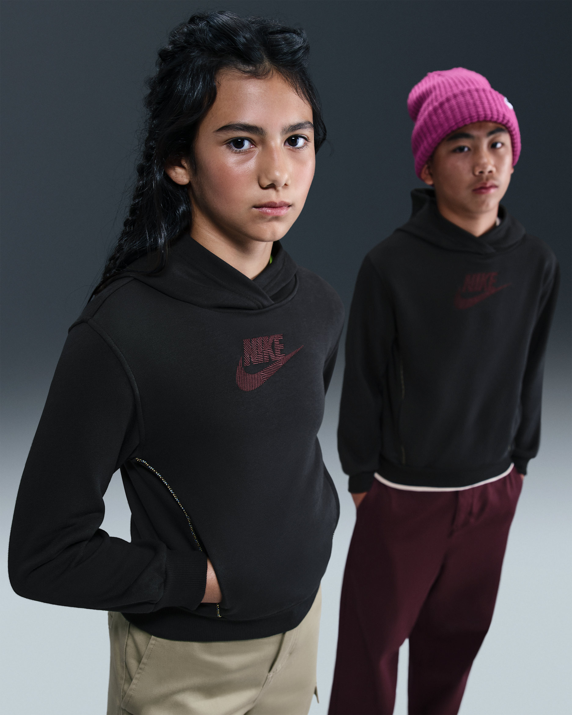 Nike Sportswear Club Big Kids' French Terry Hoodie - Black/Burgundy Crush