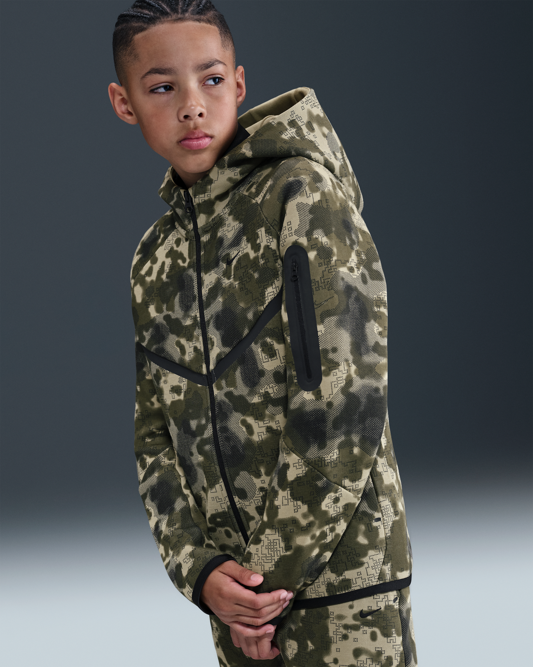 Nike Tech Big Kids' (Boys') Full-Zip Camo Fleece Hoodie - Neutral Olive/Neutral Olive/Black/Black