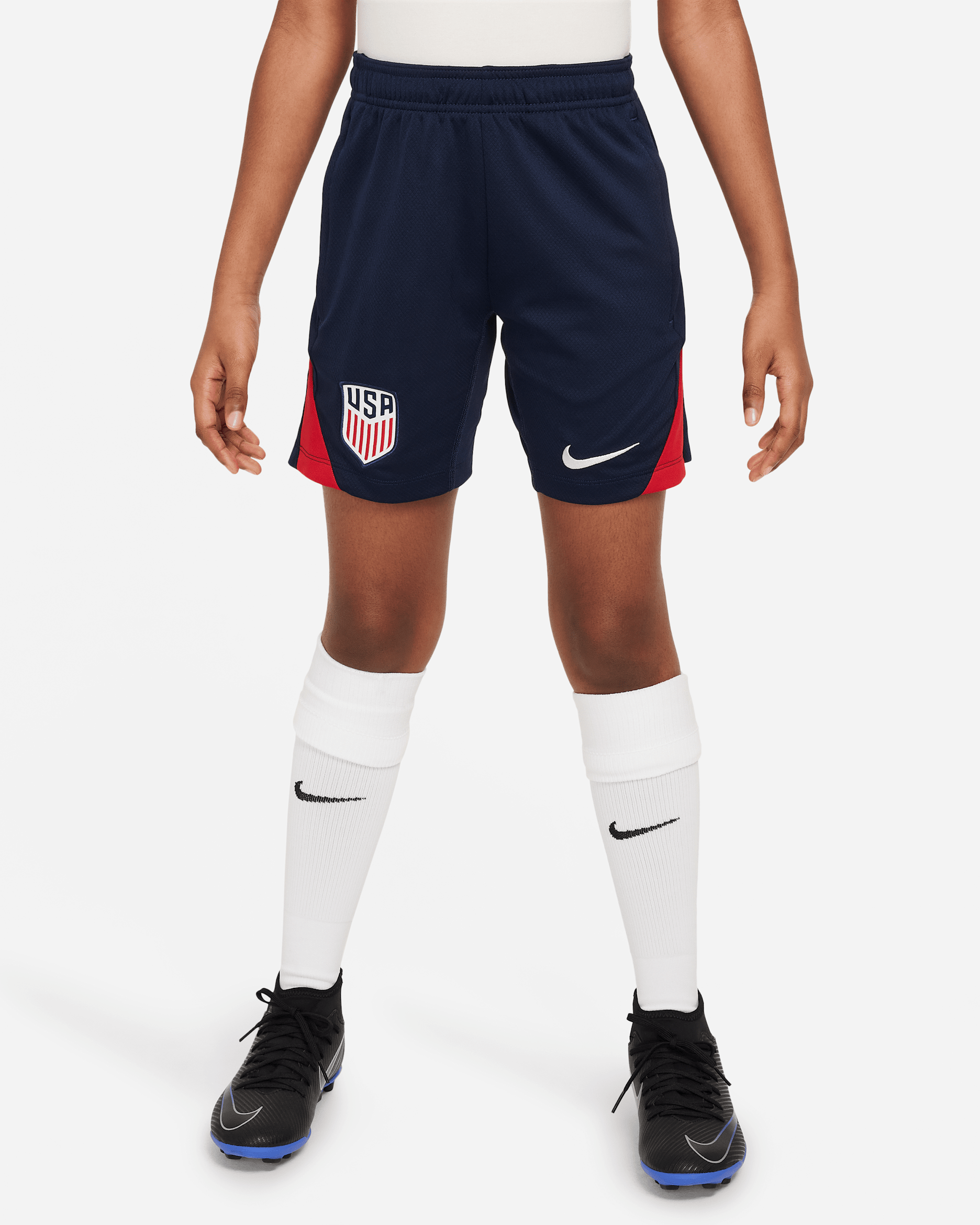 Shorts de futbol de la selección nacional masculina de Estados Unidos Strike de tejido Knit Nike Dri-FIT para niños talla grande - Obsidiana/Rojo deportivo/Blanco