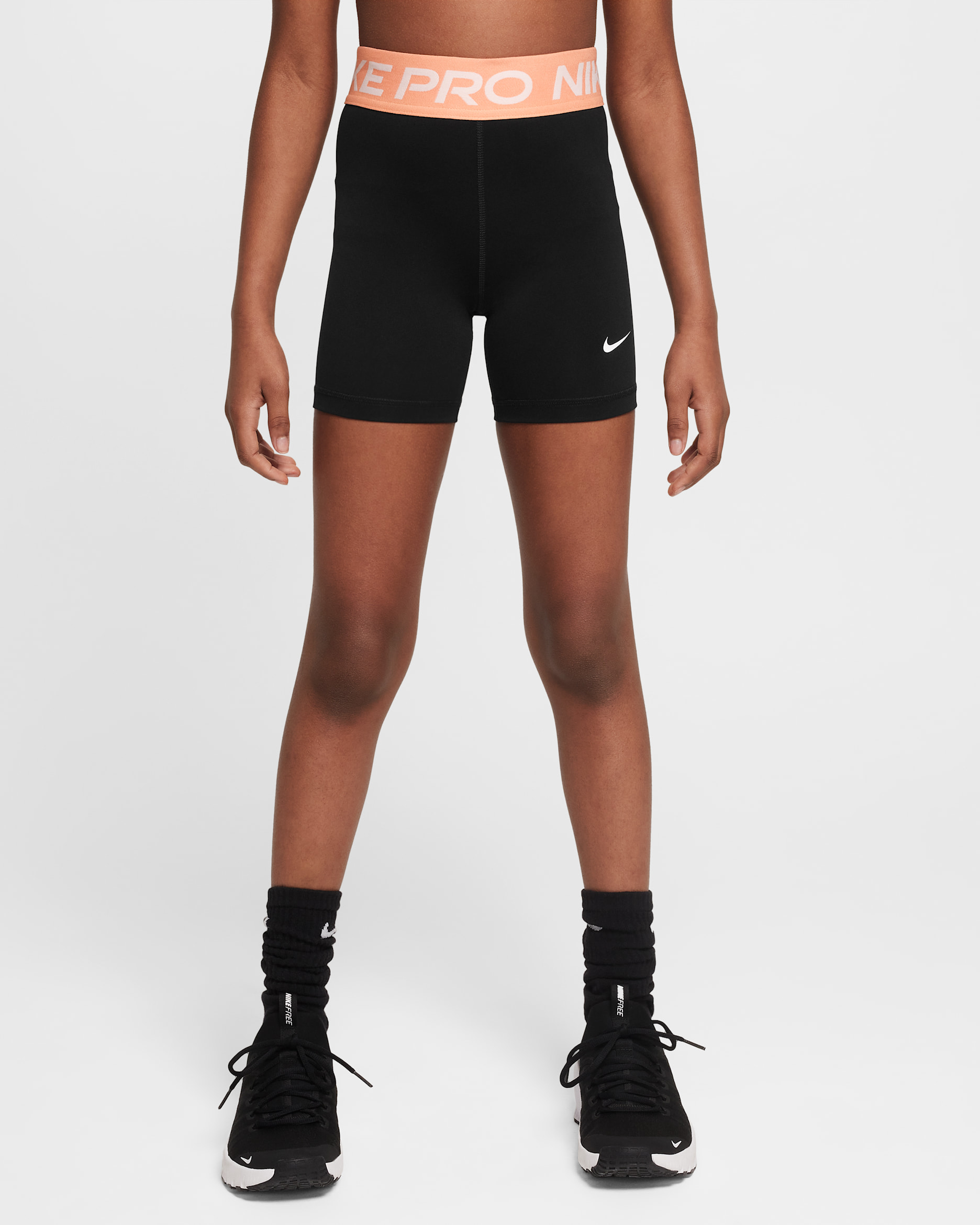Nike Pro Big Kids' (Girls') Dri-FIT 5" Shorts - Black/Apricot Agate/White
