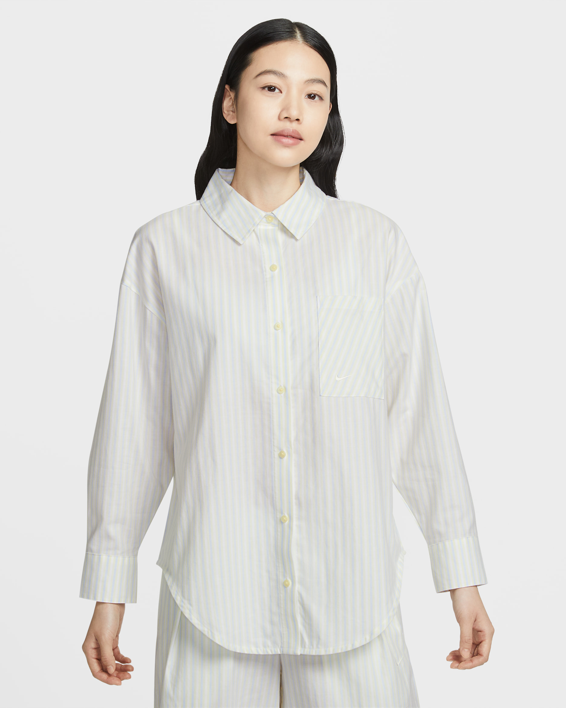 Nike Sportswear Chill Poplin Women's Oversized Woven Long-Sleeve Striped Top - Alabaster/Hydrogen Blue/Summit White