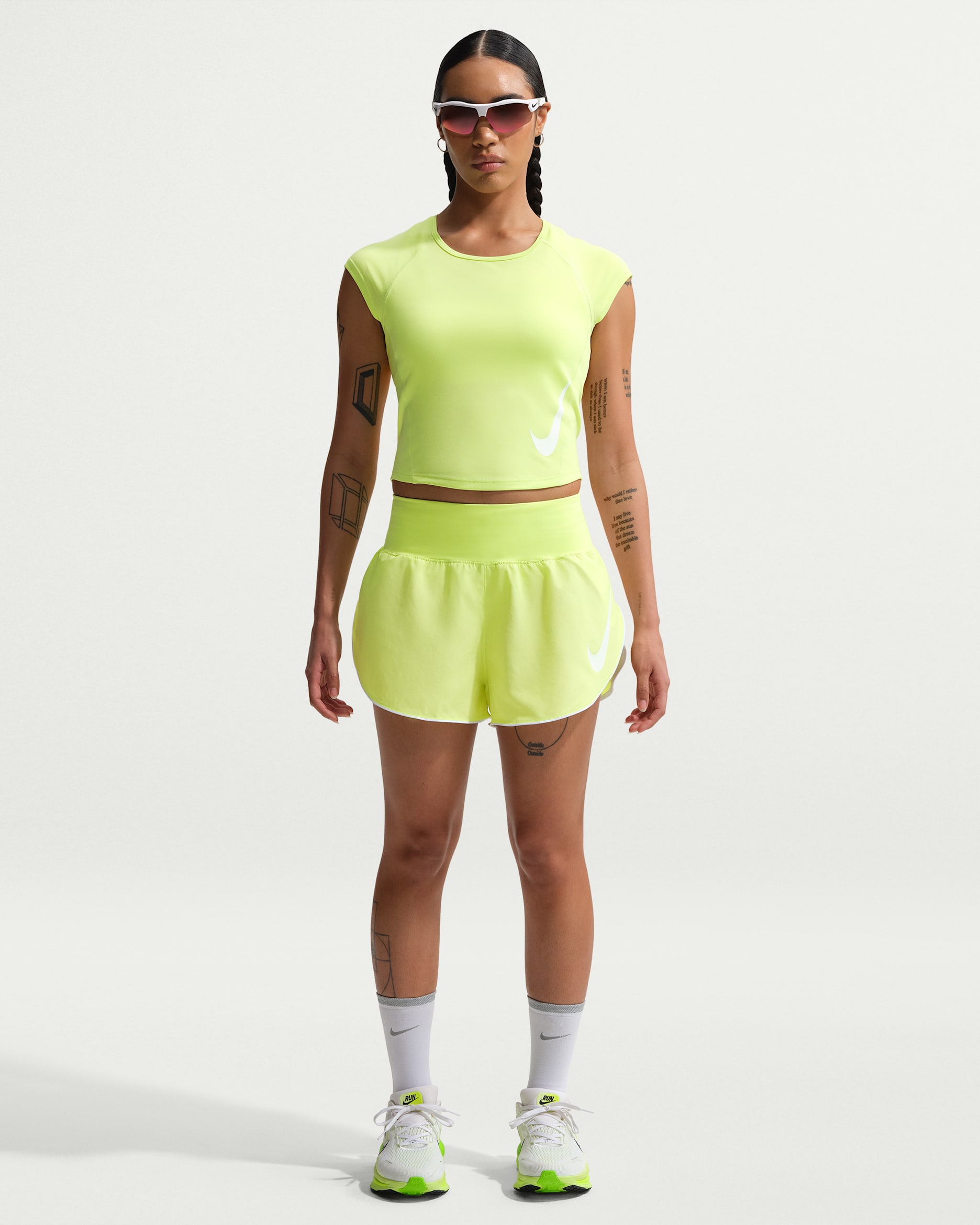 Nike Tempo Flow Swoosh Women's Dri-FIT Mid-Rise Brief-Lined Running Shorts - Light Lemon Twist/White