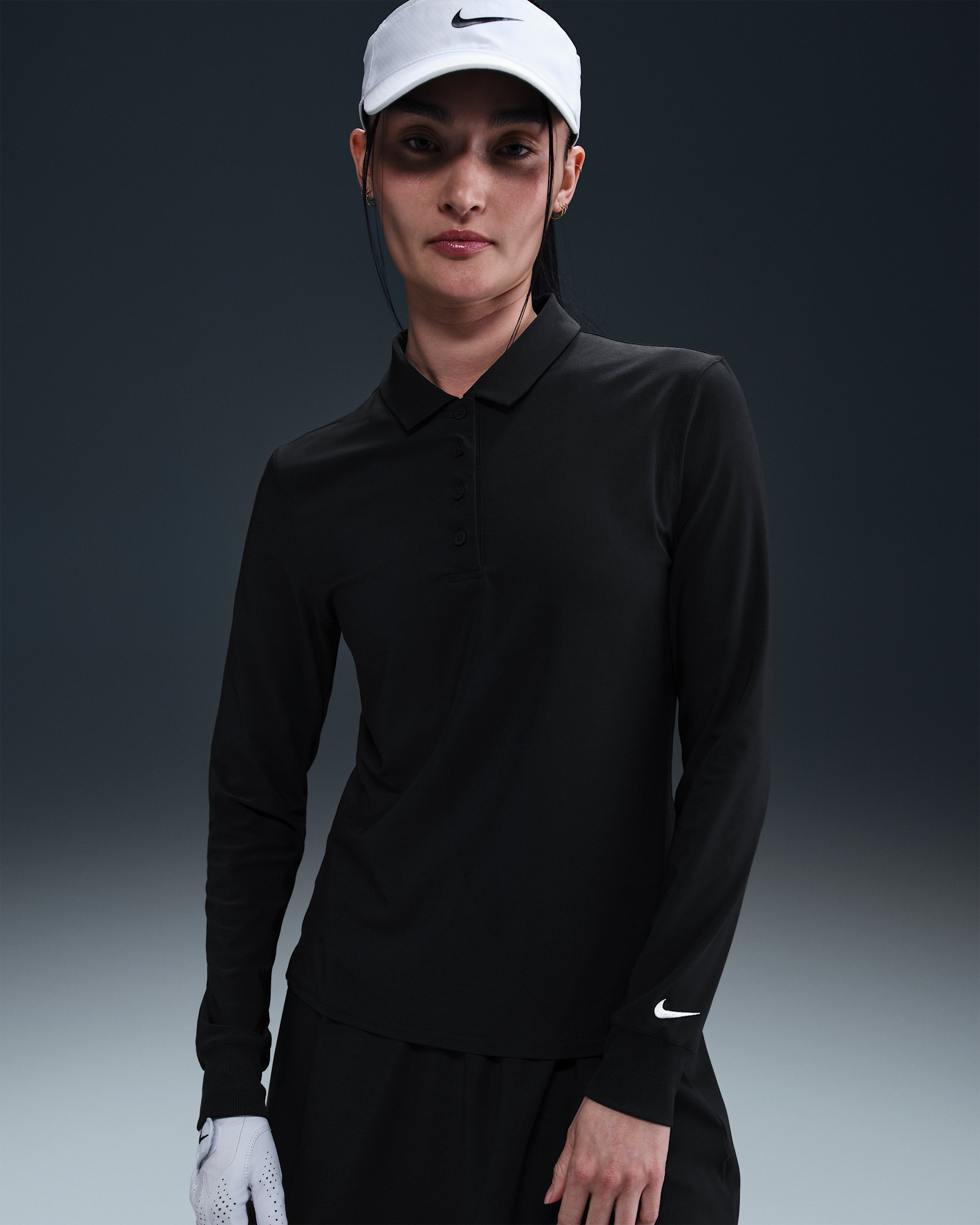 เสื้อโปโลแขนยาวผู้หญิง Dri-FIT Nike Victory - ดำ/ขาว