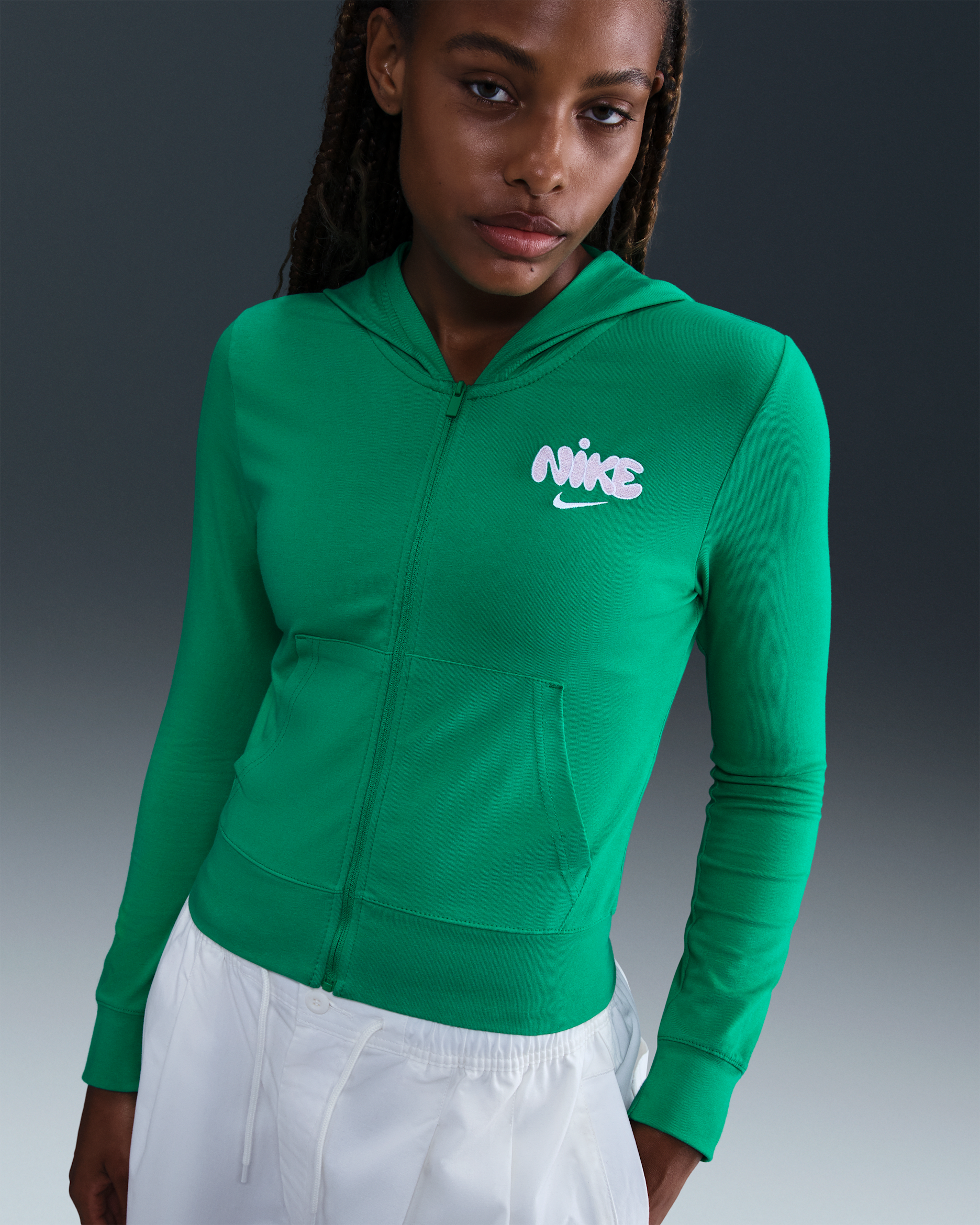 Nike Sportswear Women's Full-Zip Hooded Long-Sleeve Top - Stadium Green/Pink Foam