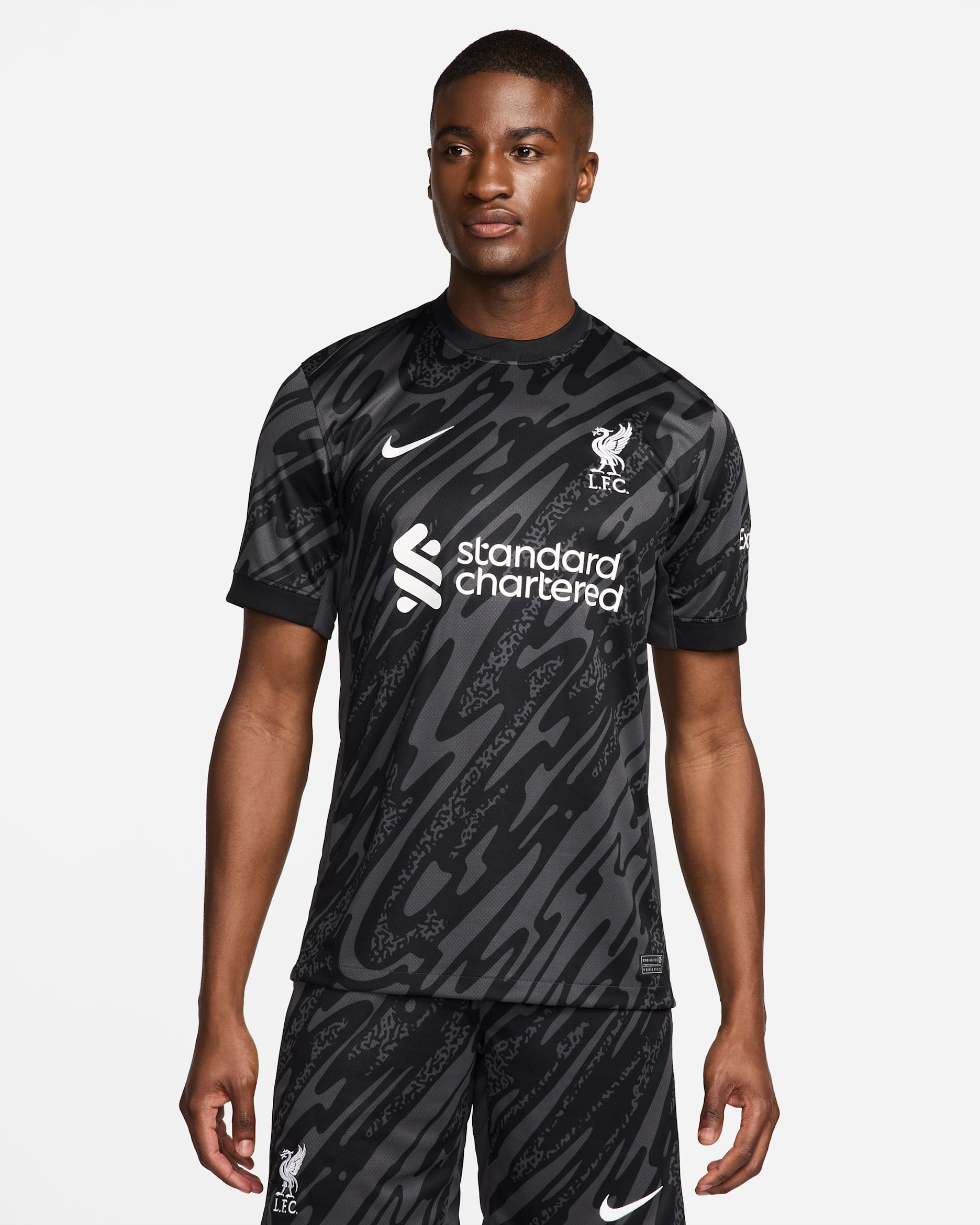 เสื้อแข่งฟุตบอลแขนสั้น Replica ผู้ชาย Nike Dri-FIT Liverpool FC Stadium Goalkeeper - Anthracite/ดำ/ขาว