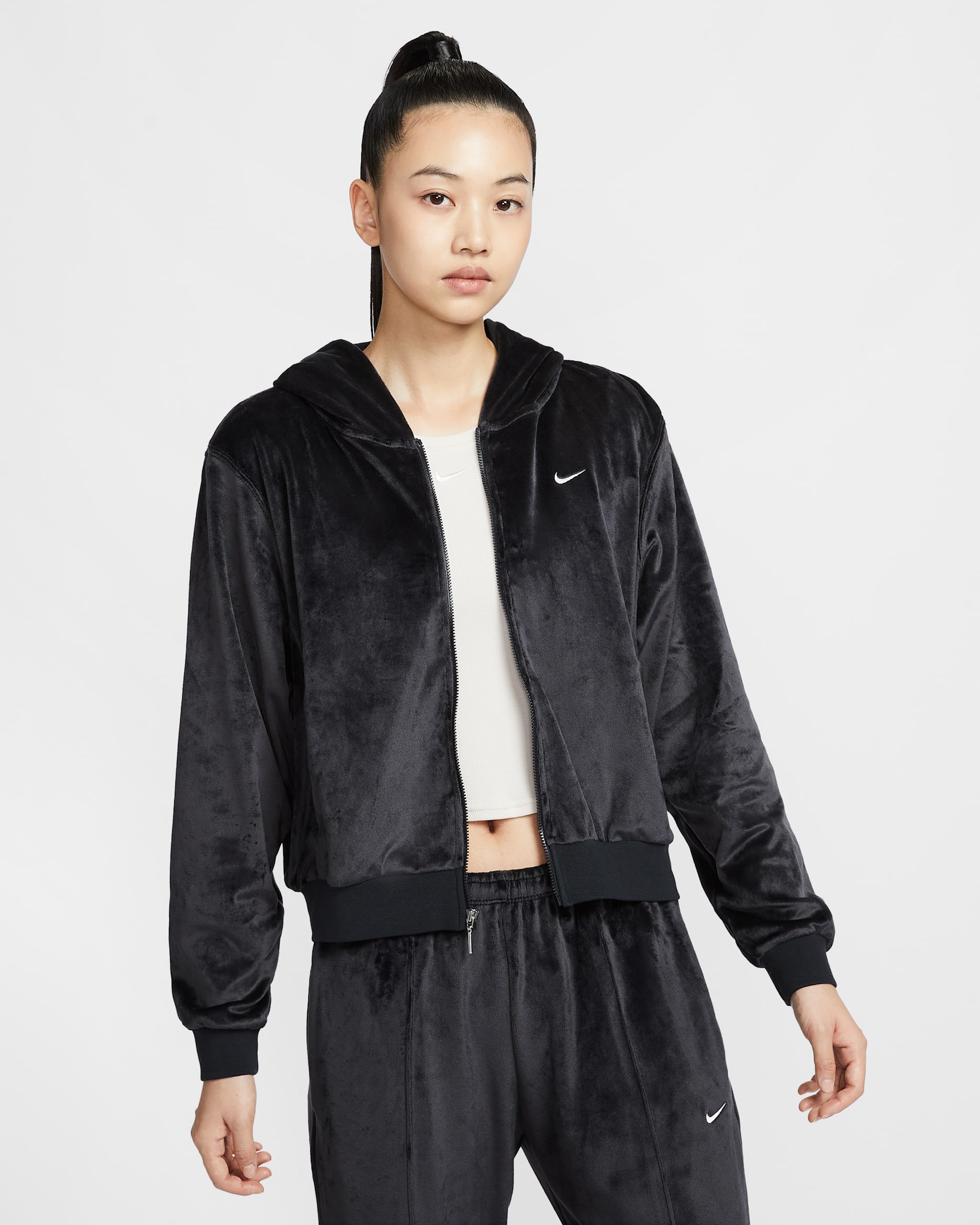 나이키 스포츠웨어 칠 니트 여성 루즈 벨루어 풀집 후디 - 블랙/세일