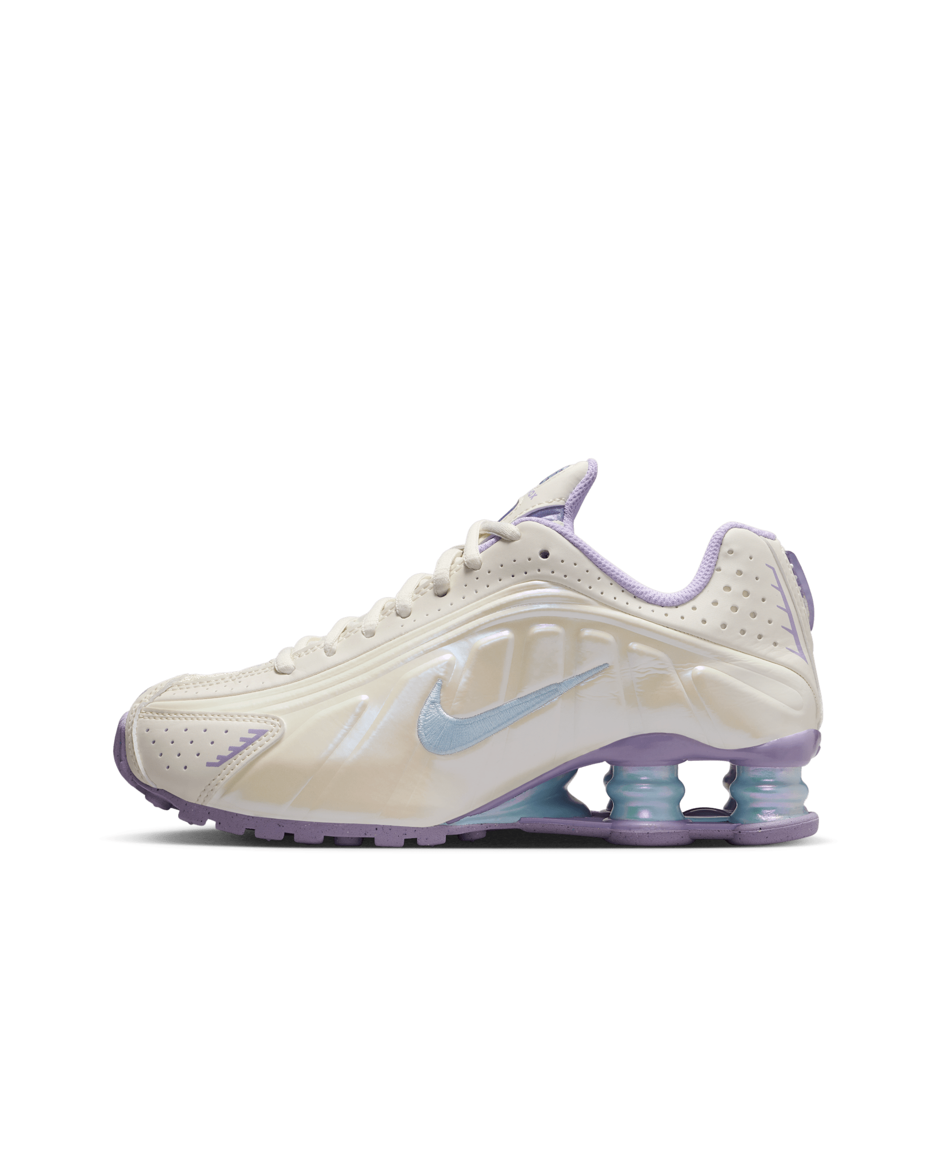 Tenis para niños grandes Nike Shox R4 - Perla suave/Hortensias/Blanco/Azul celestino