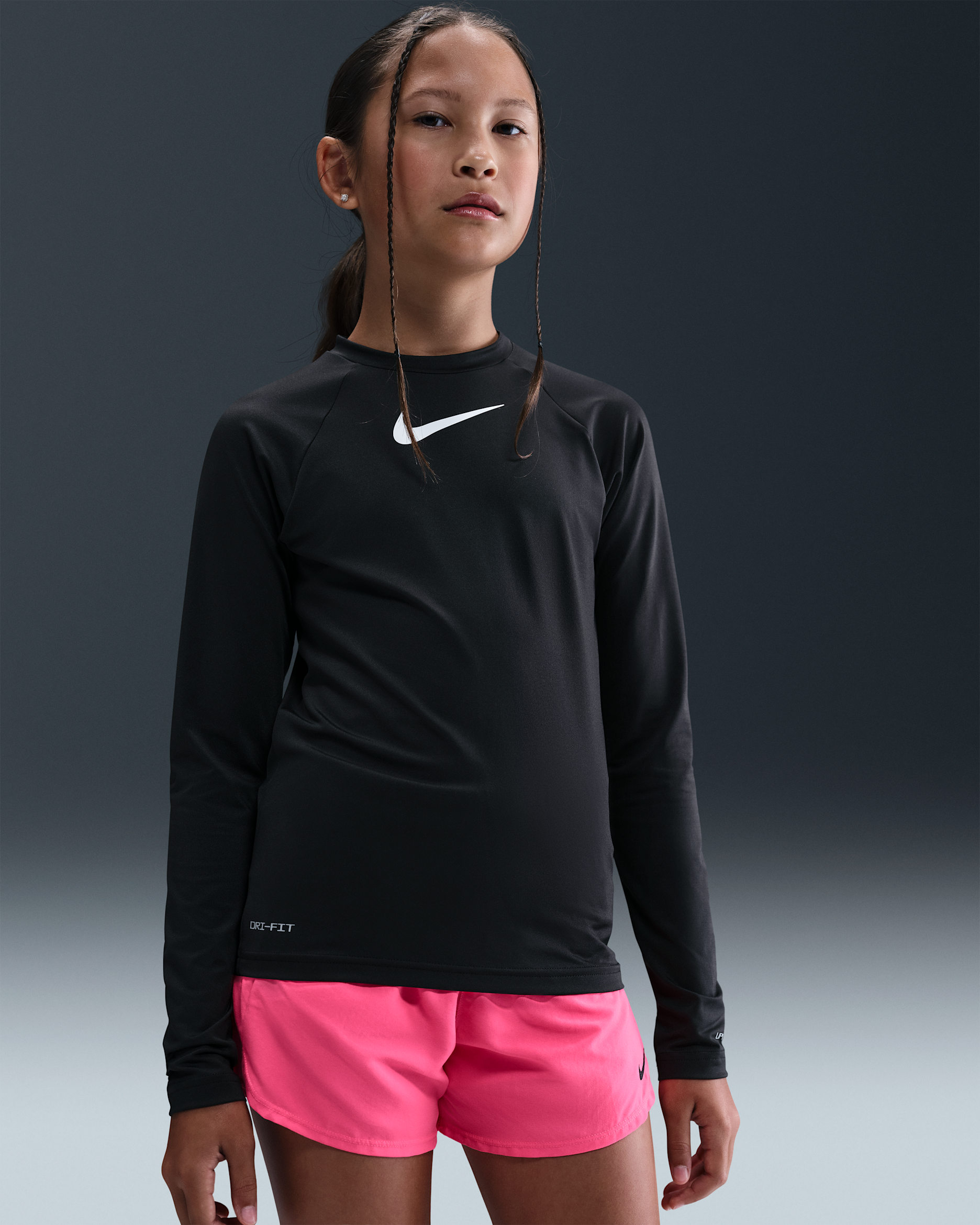 Playera de manga larga Dri-FIT UV para niña talla grande Nike Swim Hydroguard - Negro/Blanco