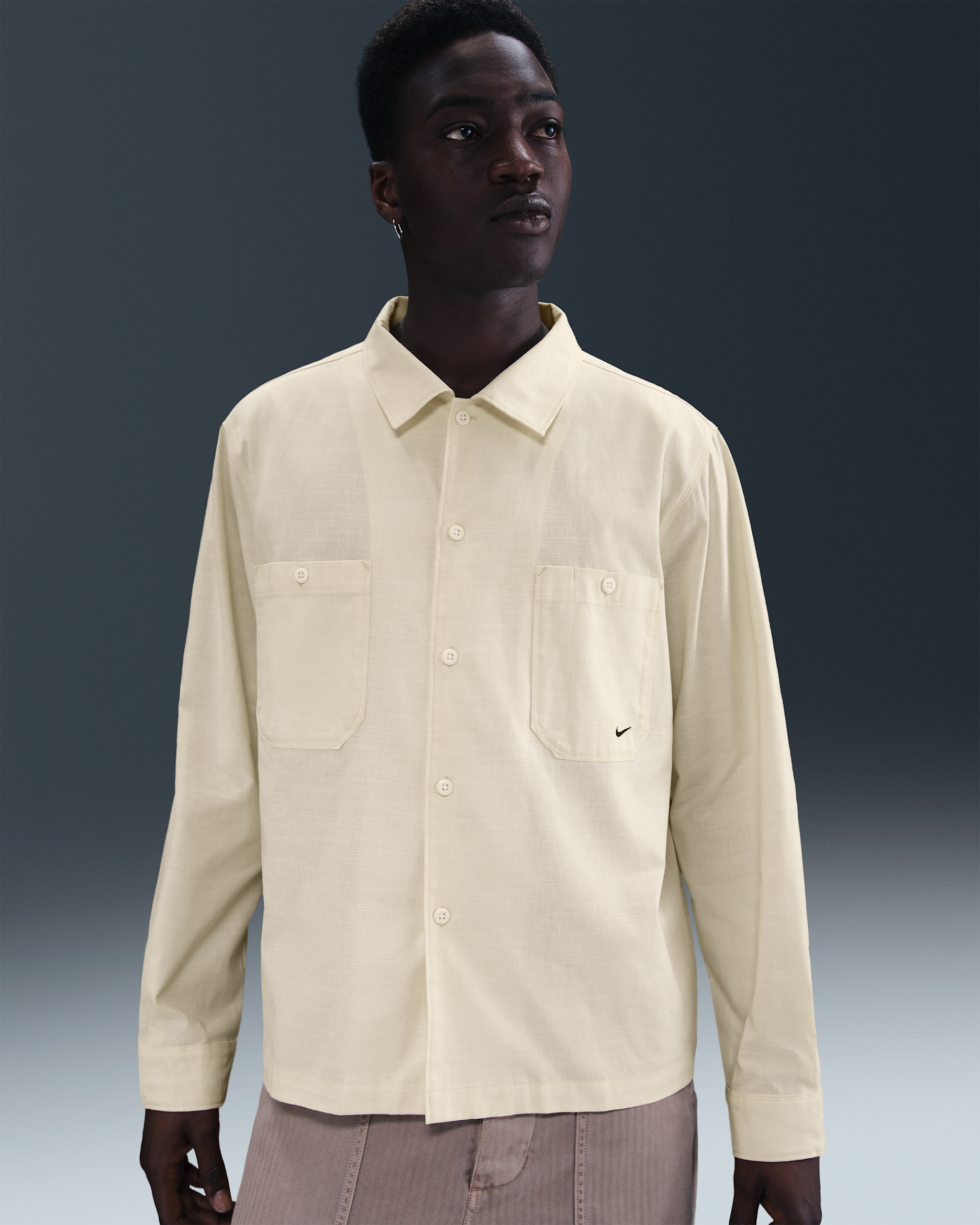 Nike Life Men's Chambray Long-Sleeve Painter's Shirt - Light Khaki/White/Black