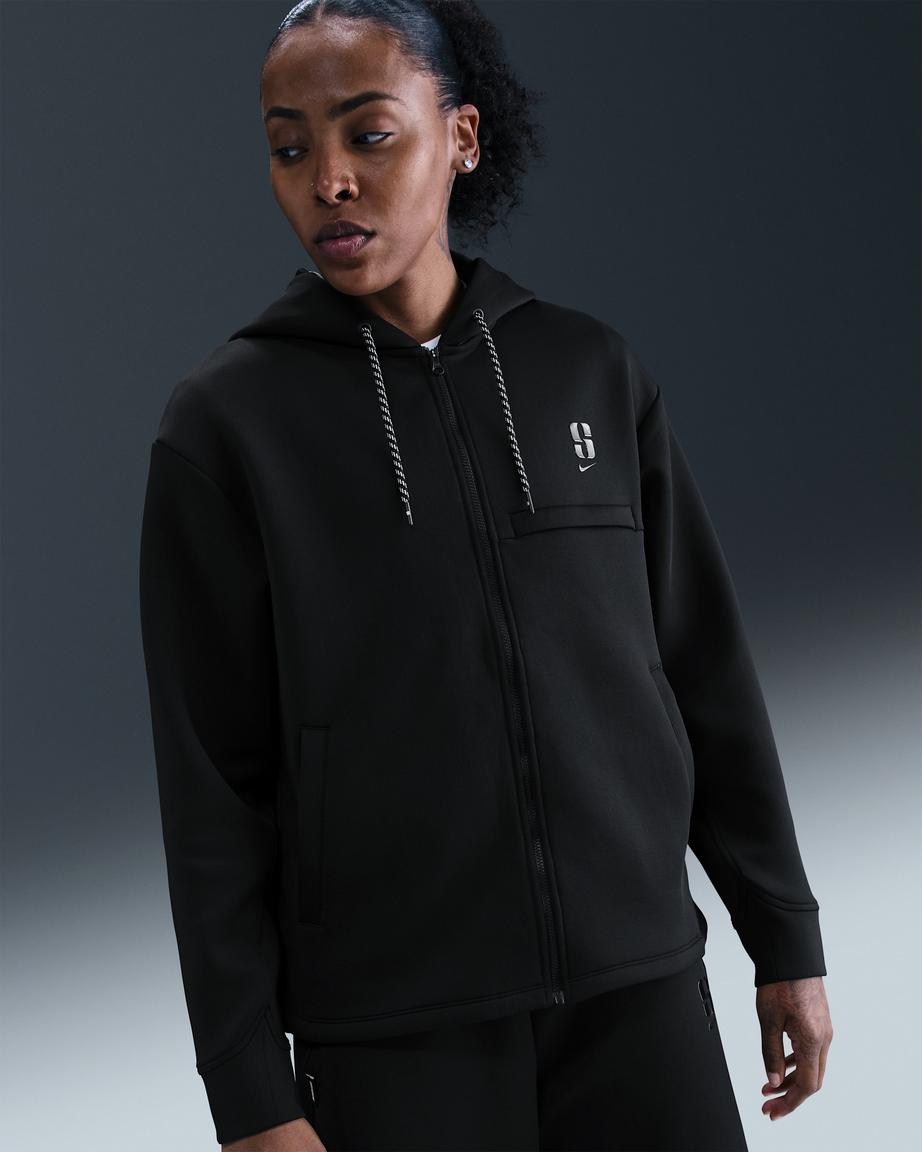 Sabrina Dri-FIT Loose Full-Zip Basketball Hoodie - Black/Black/Black