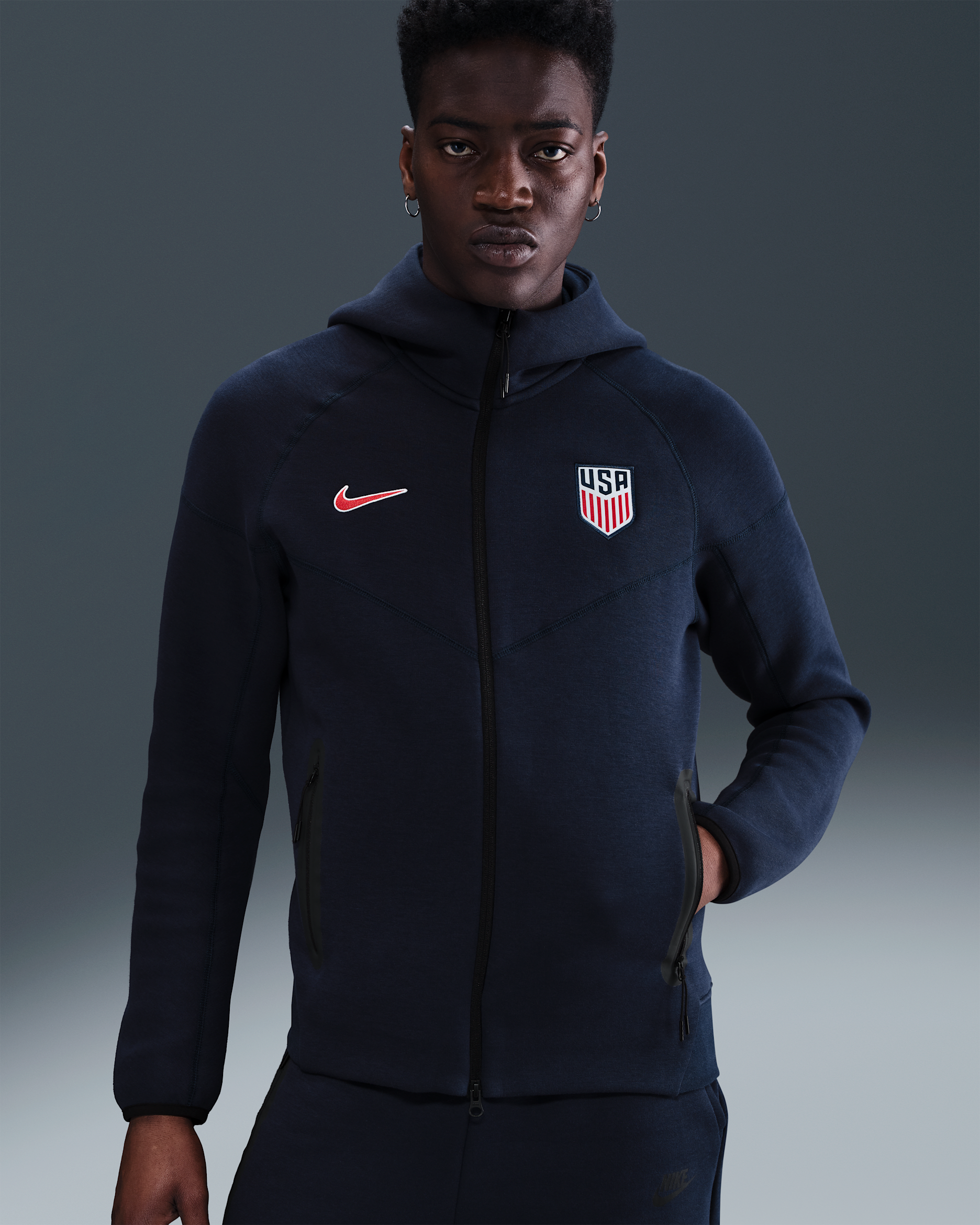 USMNT Tech Windrunner Men's Nike Soccer Fleece Full-Zip Hoodie - Obsidian/Challenge Red