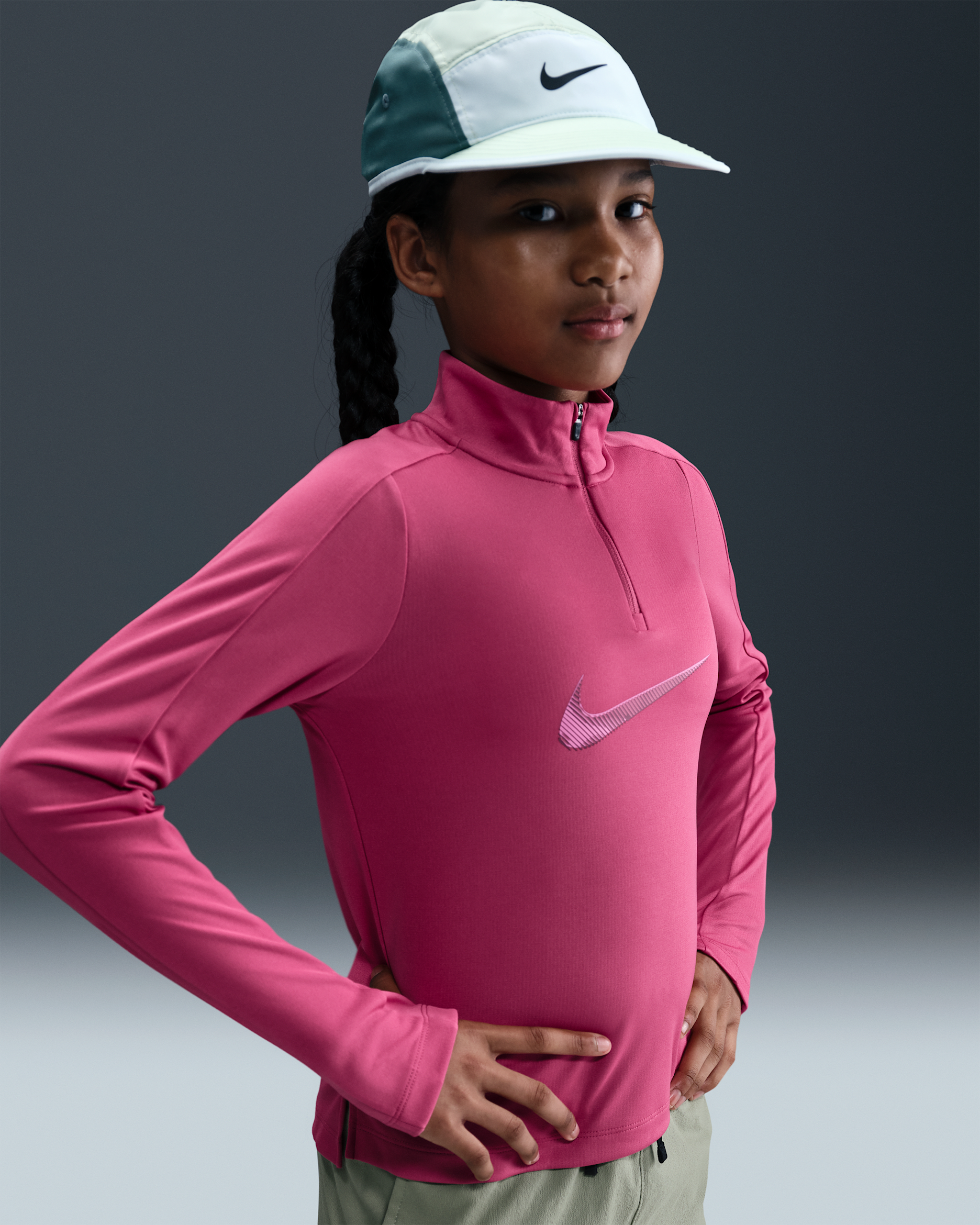 Nike Pro Dri-FIT Çeyrek Fermuarlı Genç Çocuk (Kız) Üstü - Sweet Beet/Playful Pink/Sweet Beet