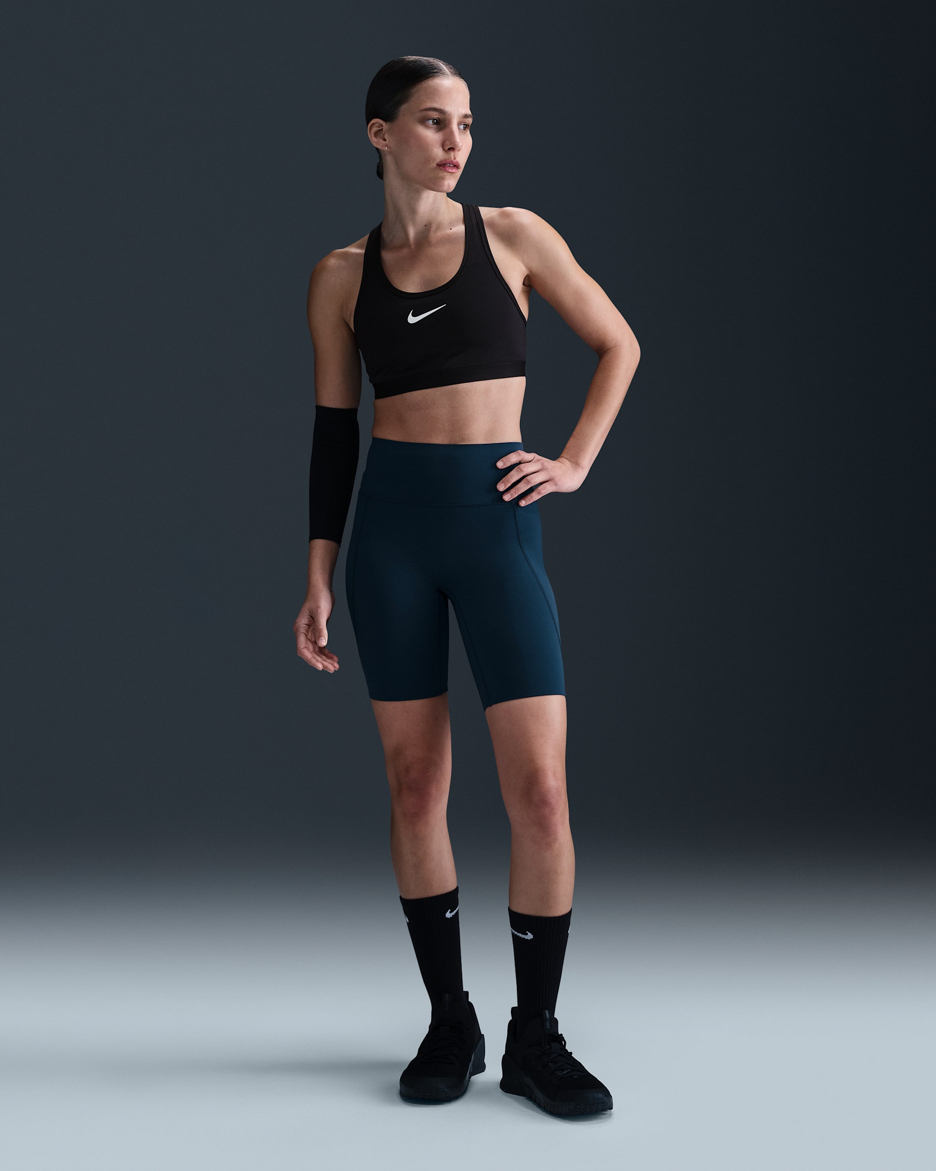 Nike Universa Women's High-Waisted 8" Biker Shorts with No Front Seam - Armory Navy/Anthracite/Rift Blue