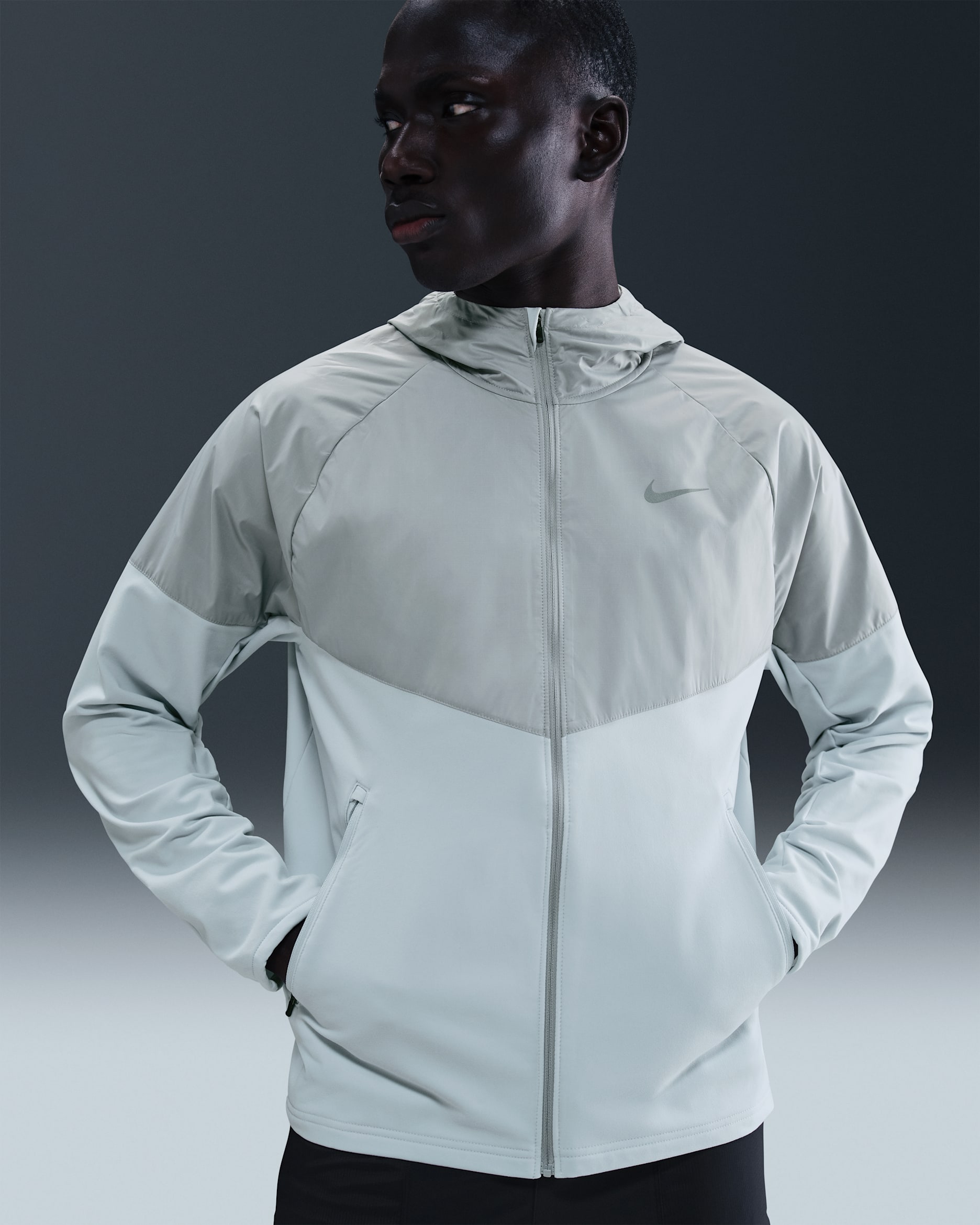 Pánská zimní běžecká bunda Nike Miler Repel - Pure Platinum/Light Smoke Grey/Volt