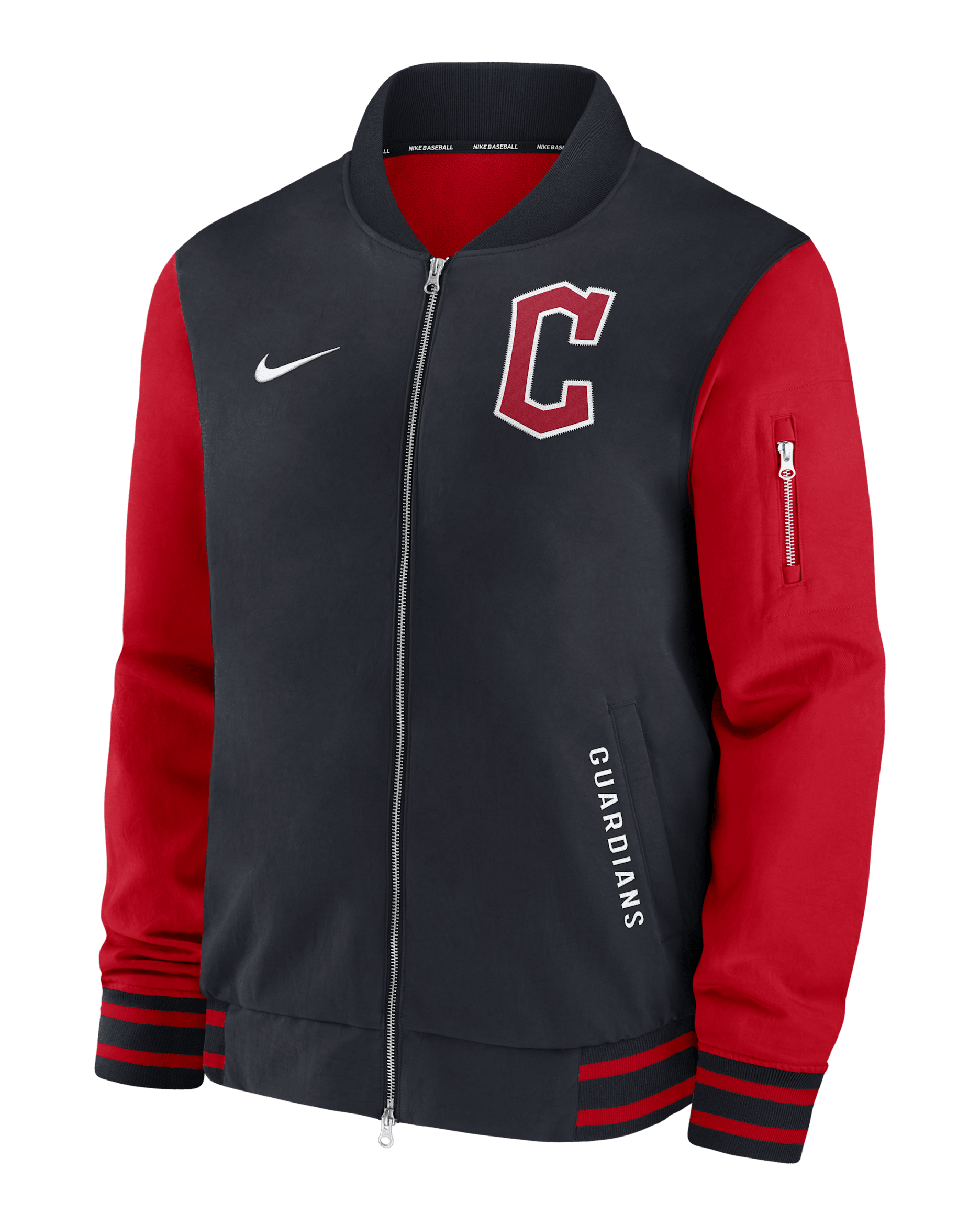 Chamarra bomber Nike de la MLB de cierre completo para hombre Cleveland Guardians Authentic Collection Dugout - Azul campo de juego