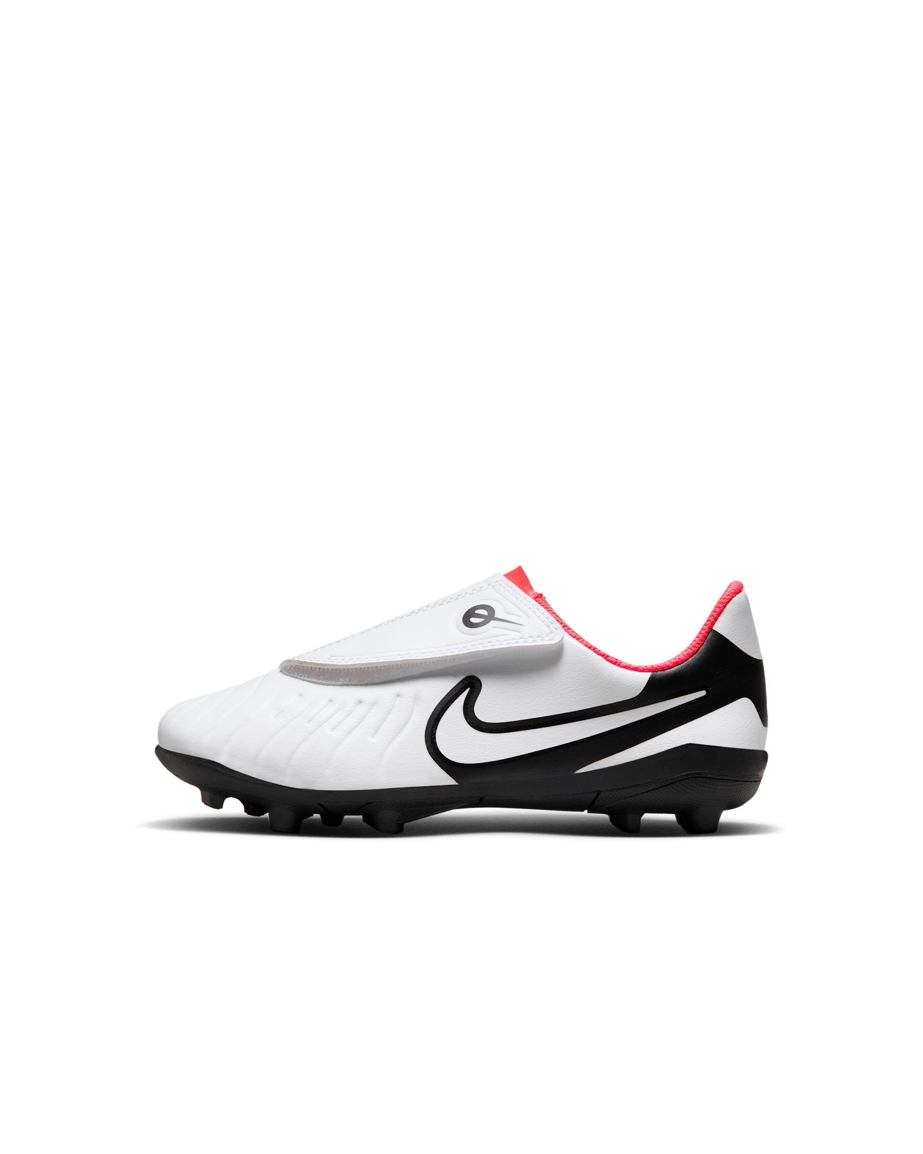 Tacos de fútbol para terrenos múltiples de corte low para niños de preescolar Nike Jr. Tiempo Legend 10 Club - Blanco/Carmesí brillante/Negro