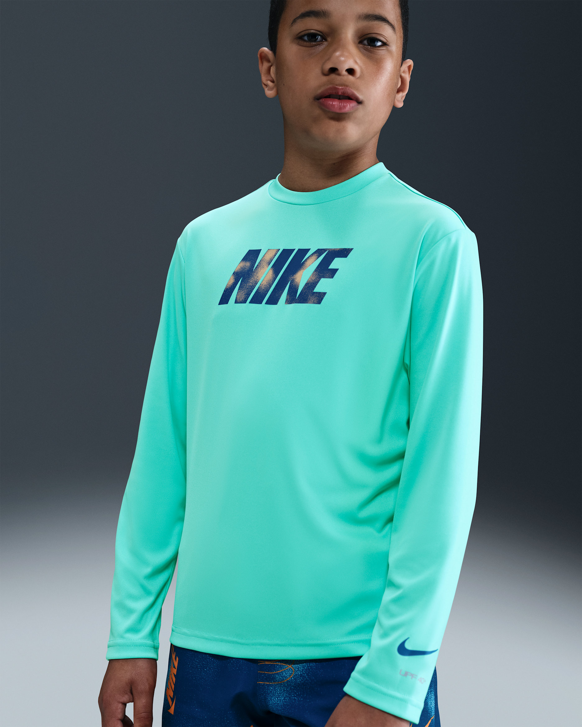 나이키 스윔 하이드로가드 주니어(남아) 드라이 핏 긴팔 탑 - 블리치트 터콰이즈/그린 어비스