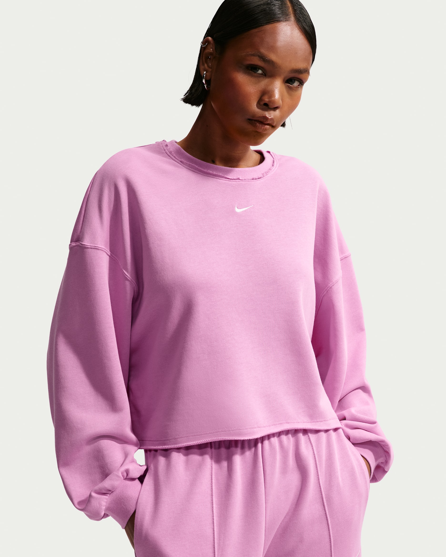 Sudadera de cuello redondo de French Terry oversized para mujer Nike Sportswear Chill Terry - Magenta claro/Vela