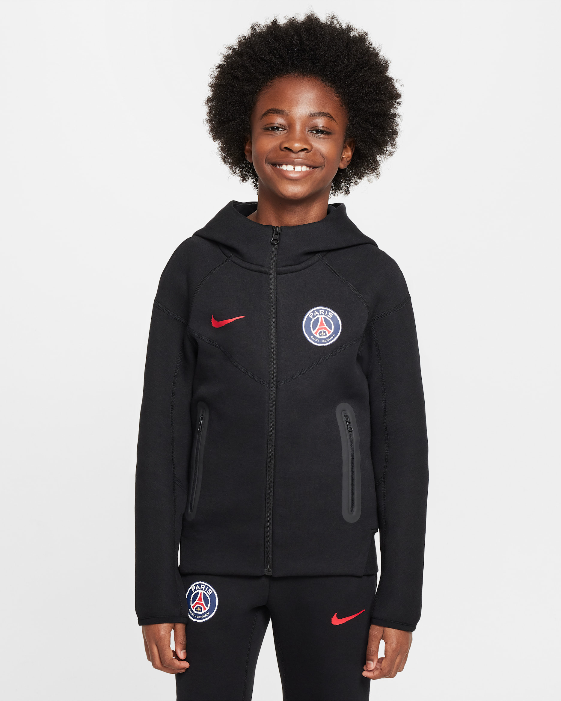 Paris Saint-Germain Tech Fleece Big Kids' (Boys') Nike Soccer Full-Zip Hoodie - Black/University Red
