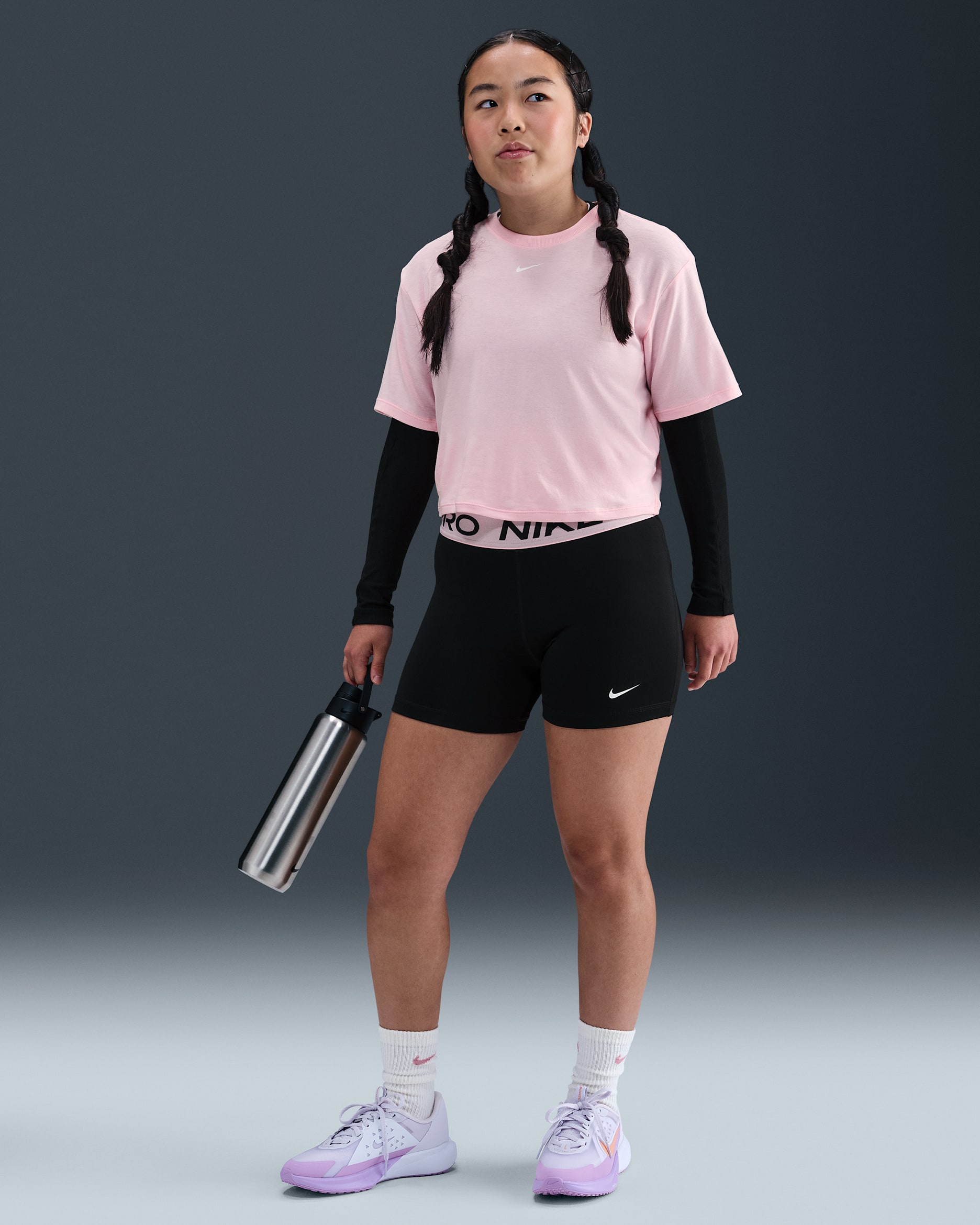 Nike Pro Girls' Dri-FIT Shorts (Extended Size) - Black/Medium Soft Pink/White