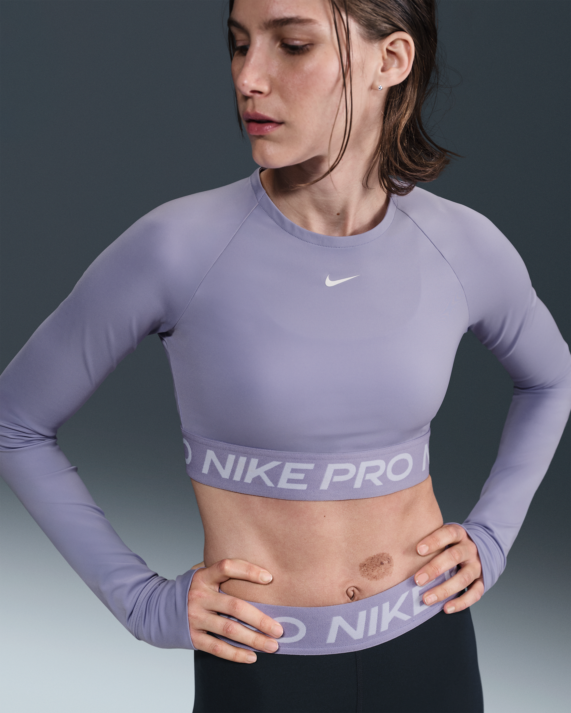 Nike Pro Women's Dri-FIT Cropped Long-Sleeve Top - Lilac Ice/White